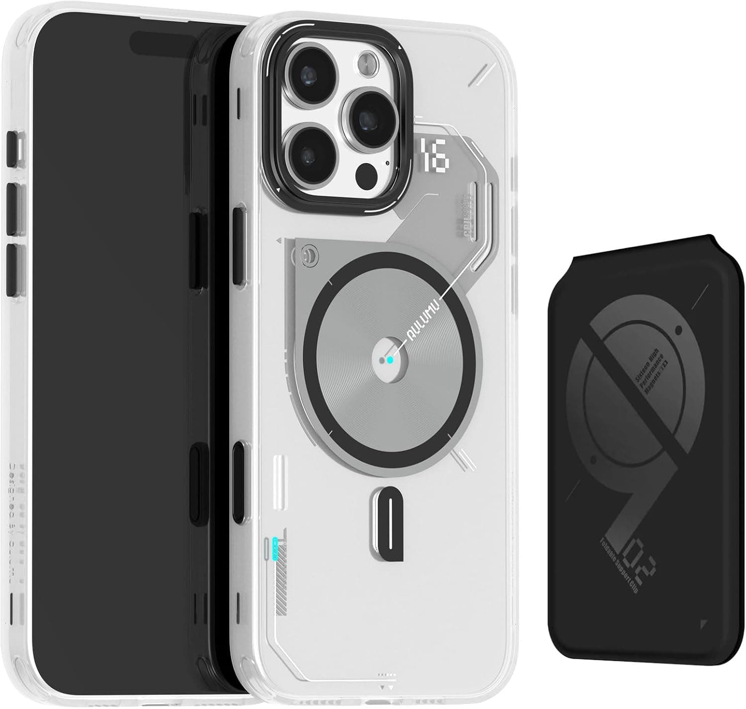 Aulumu A16 Thermal [Touch Translucent White] + G02 V2 Magnetic Wallet &Stand [Black] for iPhone 16 Pro Max | Comforts Magnetic Card Holder Kit