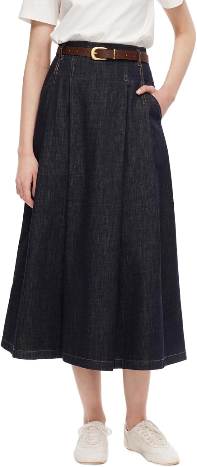 GOELIA 100% Cotton Denim Culottes for Women High Rise Pleated Wide Leg Cropped Pants with Matching Belt Elastic Waist Casual