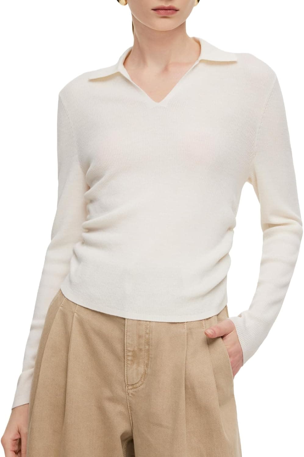 GOELIA Sweaters for Women Trendy Lyocell Wool Blend Ruched Polo Knit Fall Lightweight Tops Long Sleeve Pullover Jumpers