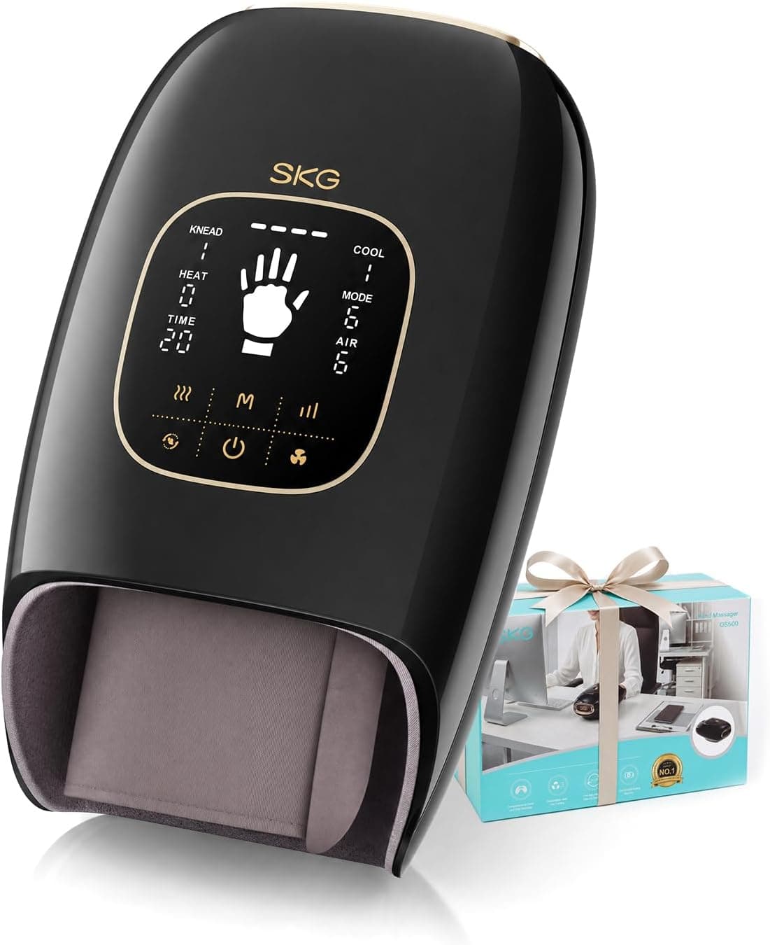 SKG OS500 Hand Massager with Heat and Compression, Kneading & Cooling for Hand Relaxation, Father's Day Dad Gifts, Cordless Massager for Wrist and Palm, 3 Heat Levels & 4D Roller, Black/Gold