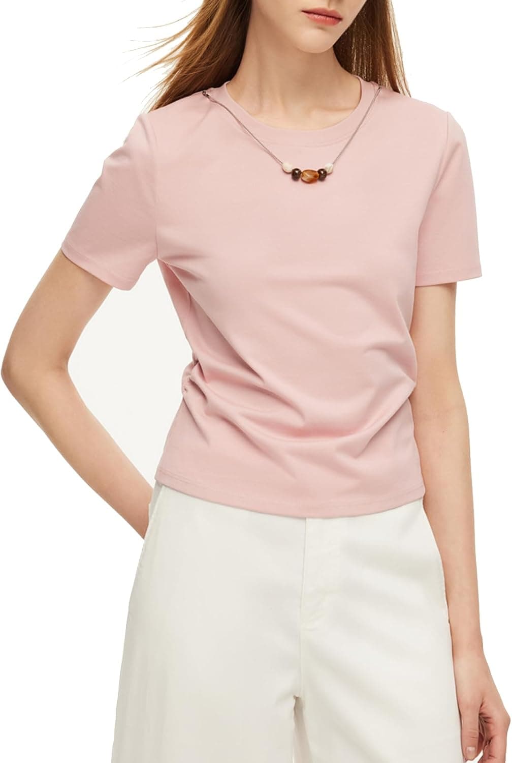 GOELIA Women's Fitted Crew Neck T-Shirt Short Sleeve Side Ruched Tee Top with Detachable Beaded Chain Necklace