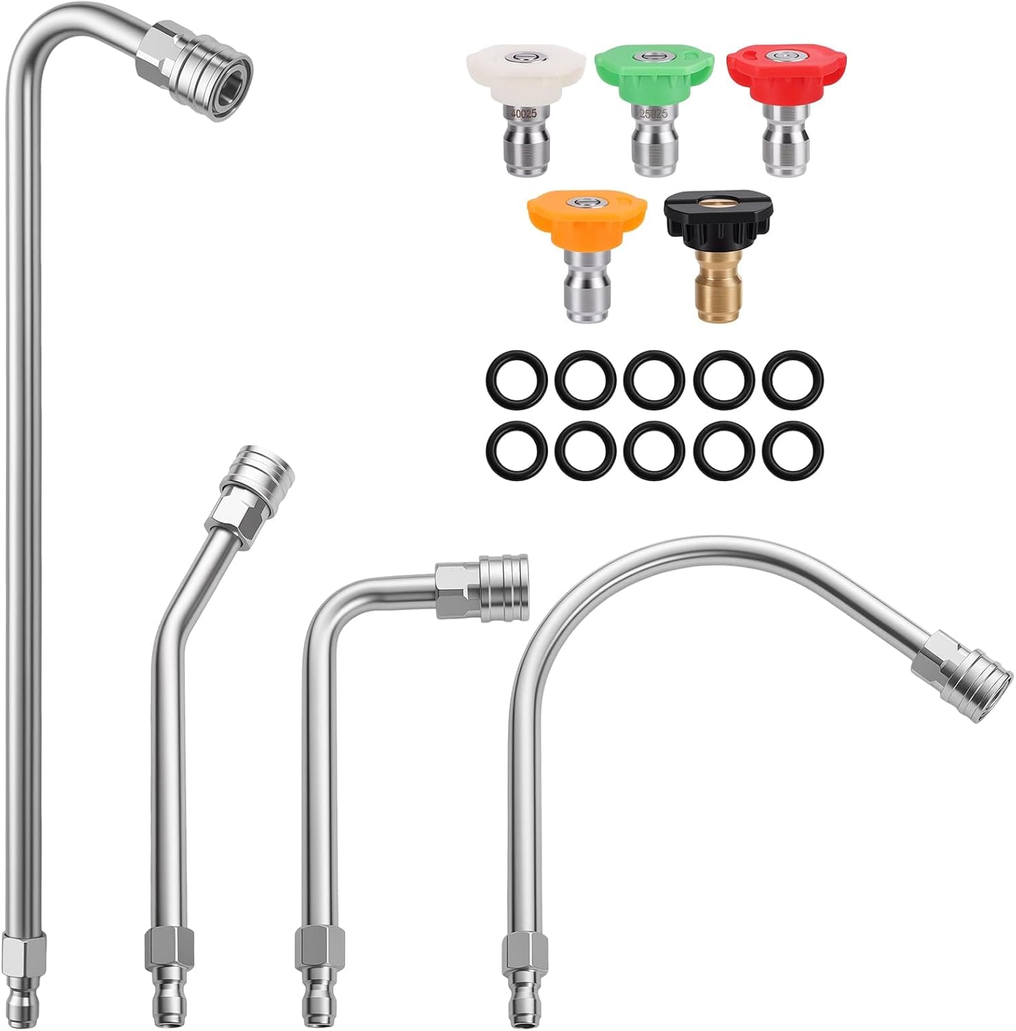 Pressure Washer Extension Wand 4000 PSI Stainless Steel - 4 Curved Rods with 1/4 Inch Quick Connect and 5 Nozzle Tips for Gutters, House Siding, Vehicle Roofs, Underbodies and Eaves