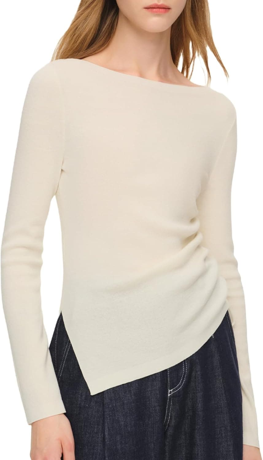 GOELIA Sweaters for Women Trendy Wool Acetate Blend Boat Neck Knit Fall Lightweight Sweater Tops Long Sleeve Pullover Jumpers