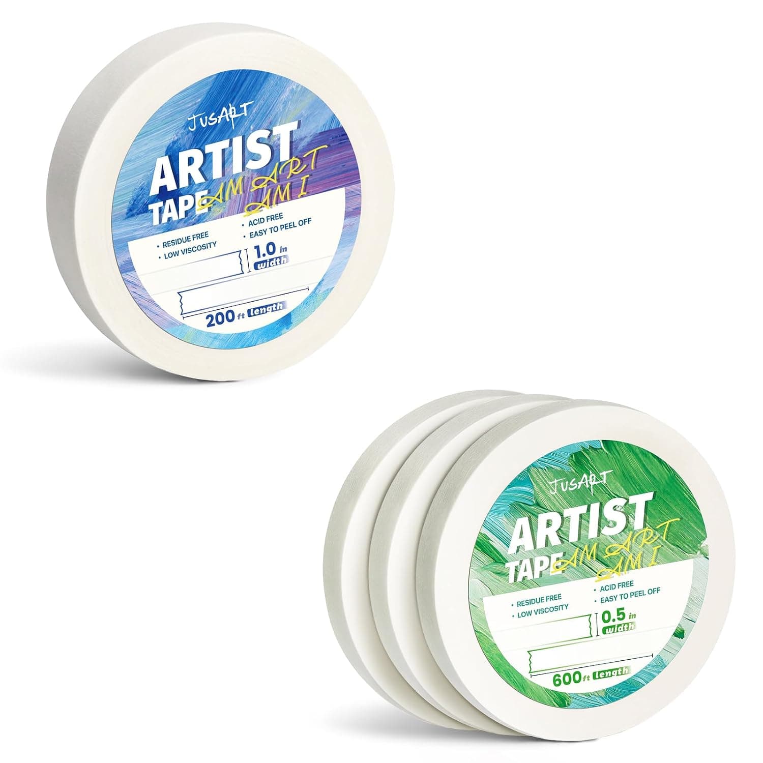 JusArt Artist Tape for Watercolor Paper, 1/2 inch and 1 Inch Wide Total 800FT Long, White Art Tape for Framing, Drawing, Painting, Acid Free, Low Tack