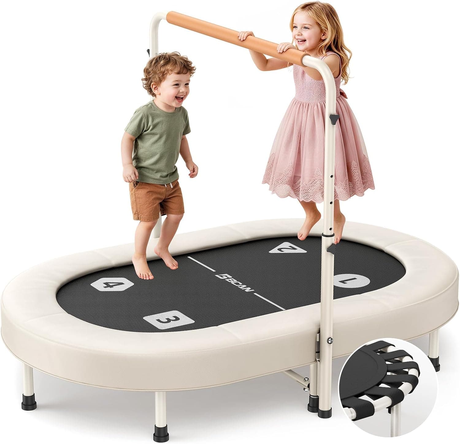 BCAN BT6 56IN 2-Person Kids Trampoline, Safe-Elastic Band Foldable Frame Trampoline for Kids 1-8, ASTM Certified-Toddler Trampoline Indoor with Adjustable Stable Handlebar, Load 220lbs