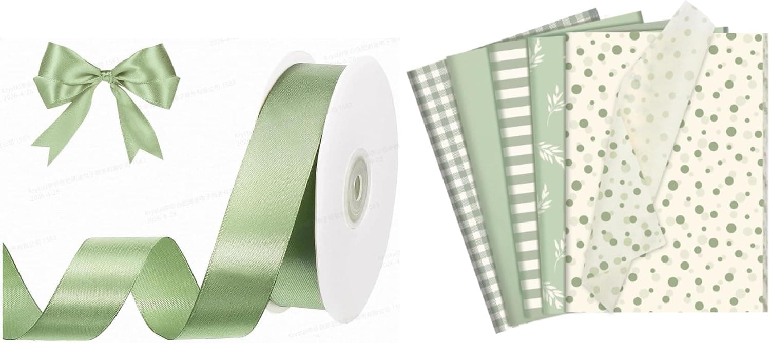 woric Sage Green 1 Inch 50 Yards Ribbon 120 Sheets Tissue Paper for Wedding Baby Shower Birthday DIY Crafts