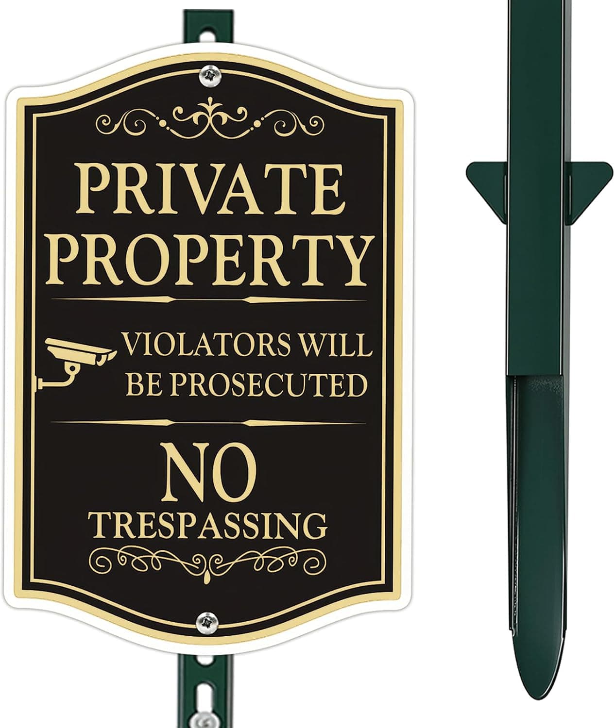 6' Tall DIY Private Property No Trespassing Sign 12x18'' with Metal Post - Rustproof, Heavy-Duty Stake, Easy Assembly for Yard Security, Adjustable Green Pole for Outdoor Warning