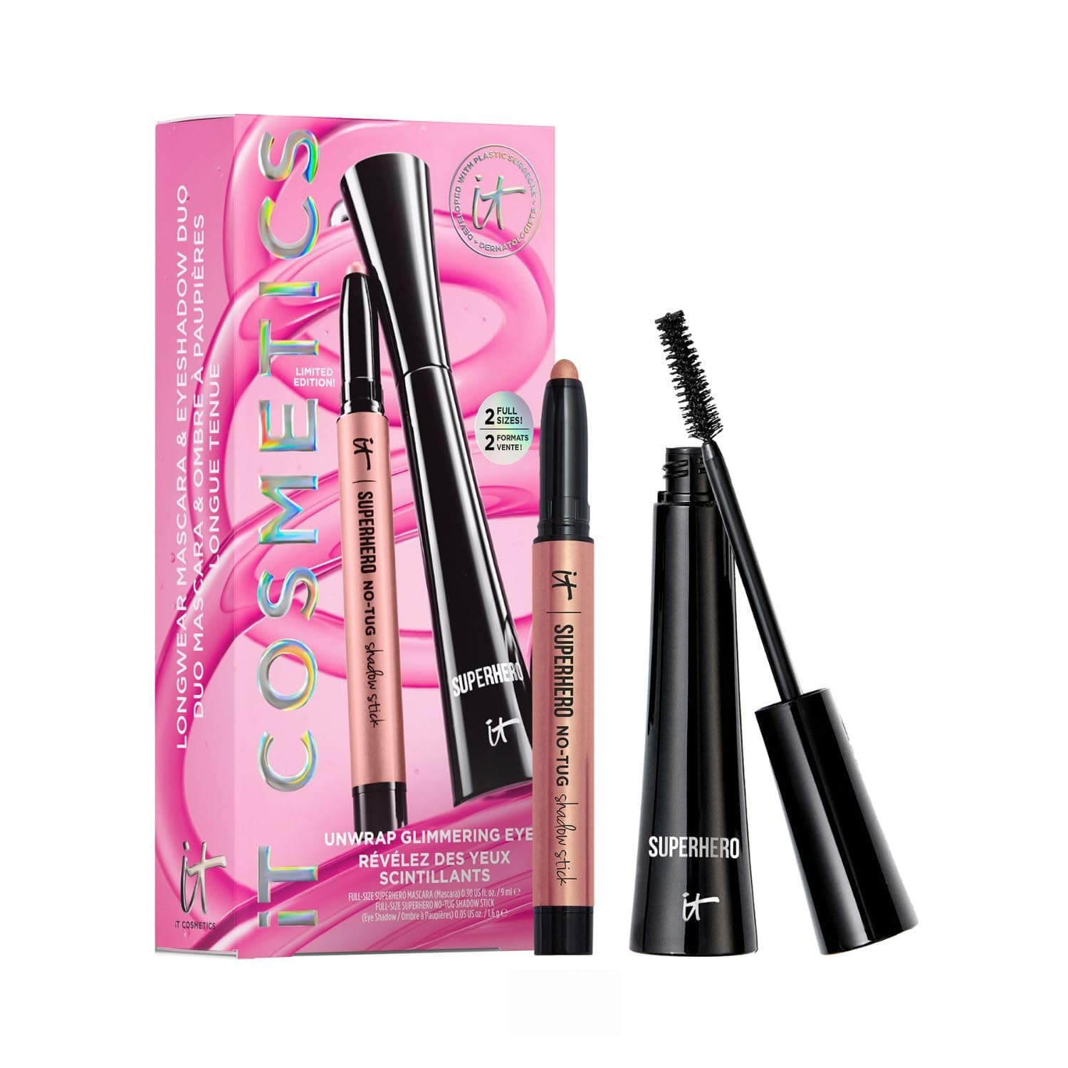 IT Cosmetics Unwrap Glimmering Eyes Mascara & Eyeshadow Stick Makeup Set , 2-Pc Holiday Giftset for Her - Full Size Makeup - Superhero Waterproof Cream Eye Shadow & Volumizing Lengthening Mascara