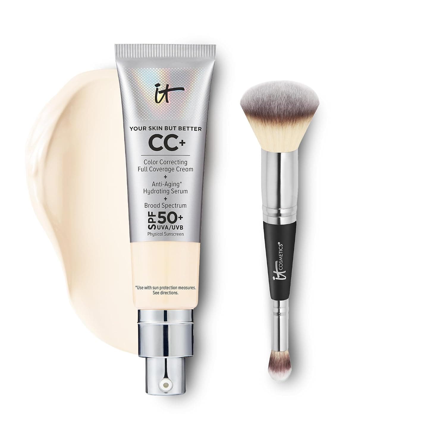 IT Cosmetics CC+ Cream with SPF 50+ Natural Finish Full Coverage Foundation (Fair Ivory - 1.08 fl oz) & 2-in-1 Concealer and Foundation Brush #7 for Buffing and Blending Face Makeup