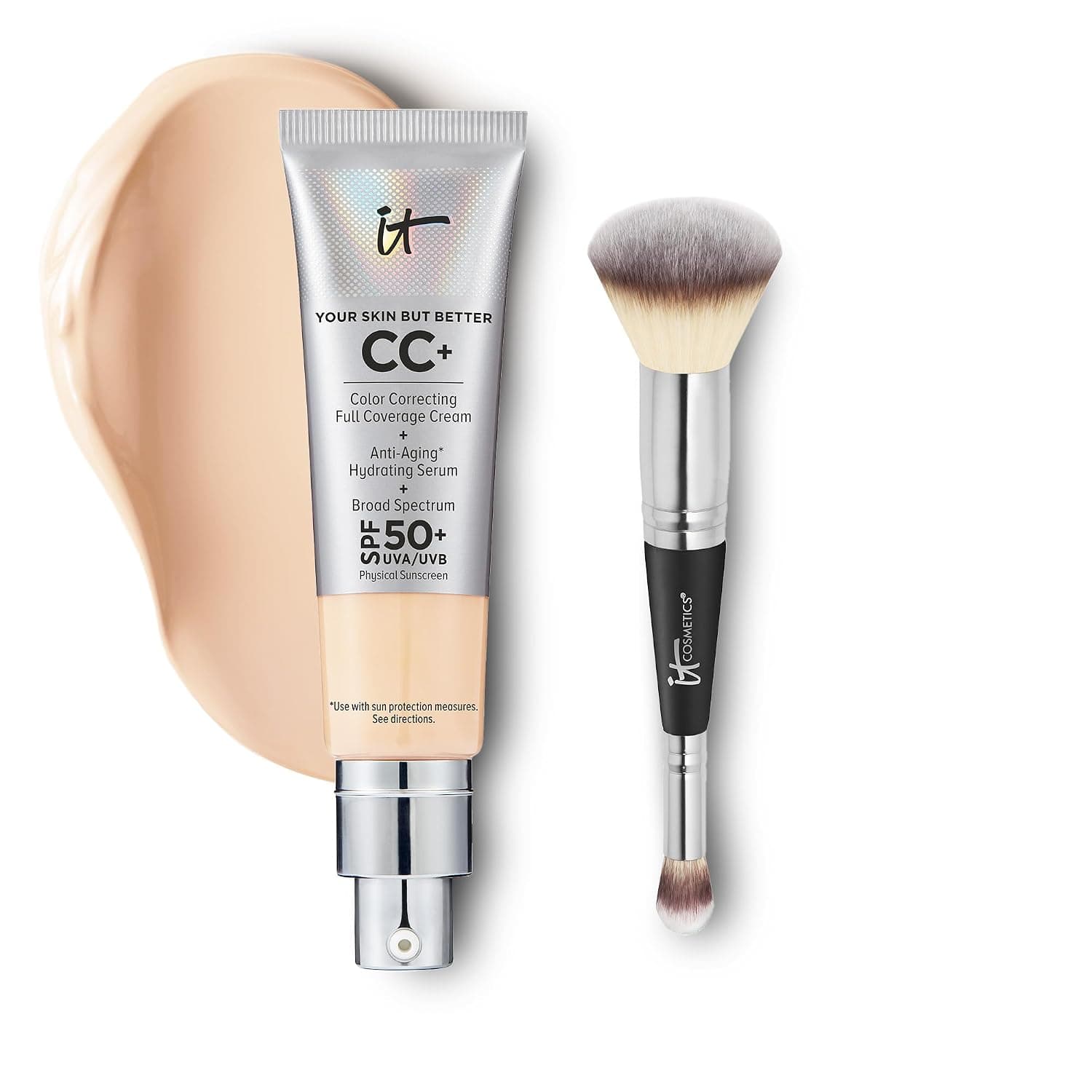 IT Cosmetics CC+ Cream with SPF 50+ Natural Finish Full Coverage Foundation (Light - 1.08 fl oz) & 2-in-1 Concealer and Foundation Brush #7 for Buffing and Blending Face Makeup