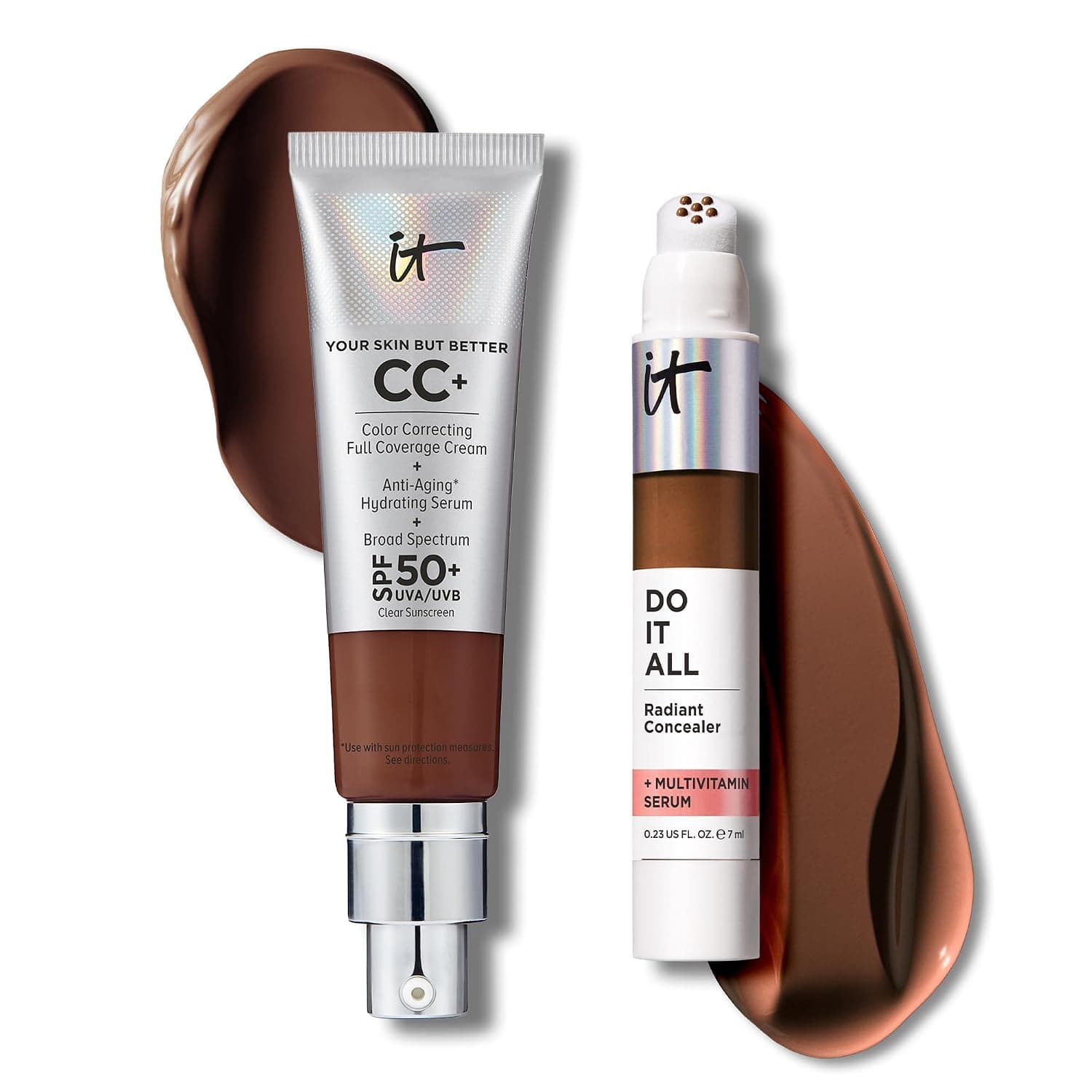 IT Cosmetics CC+ Cream with SPF 50+ Natural Finish Full Coverage Foundation (Deep Bronze - 1.08 fl oz) & Do It All Radiant Concealer Multivitamin Serum Makeup (615 Deep Neutral - 0.2 fl oz)