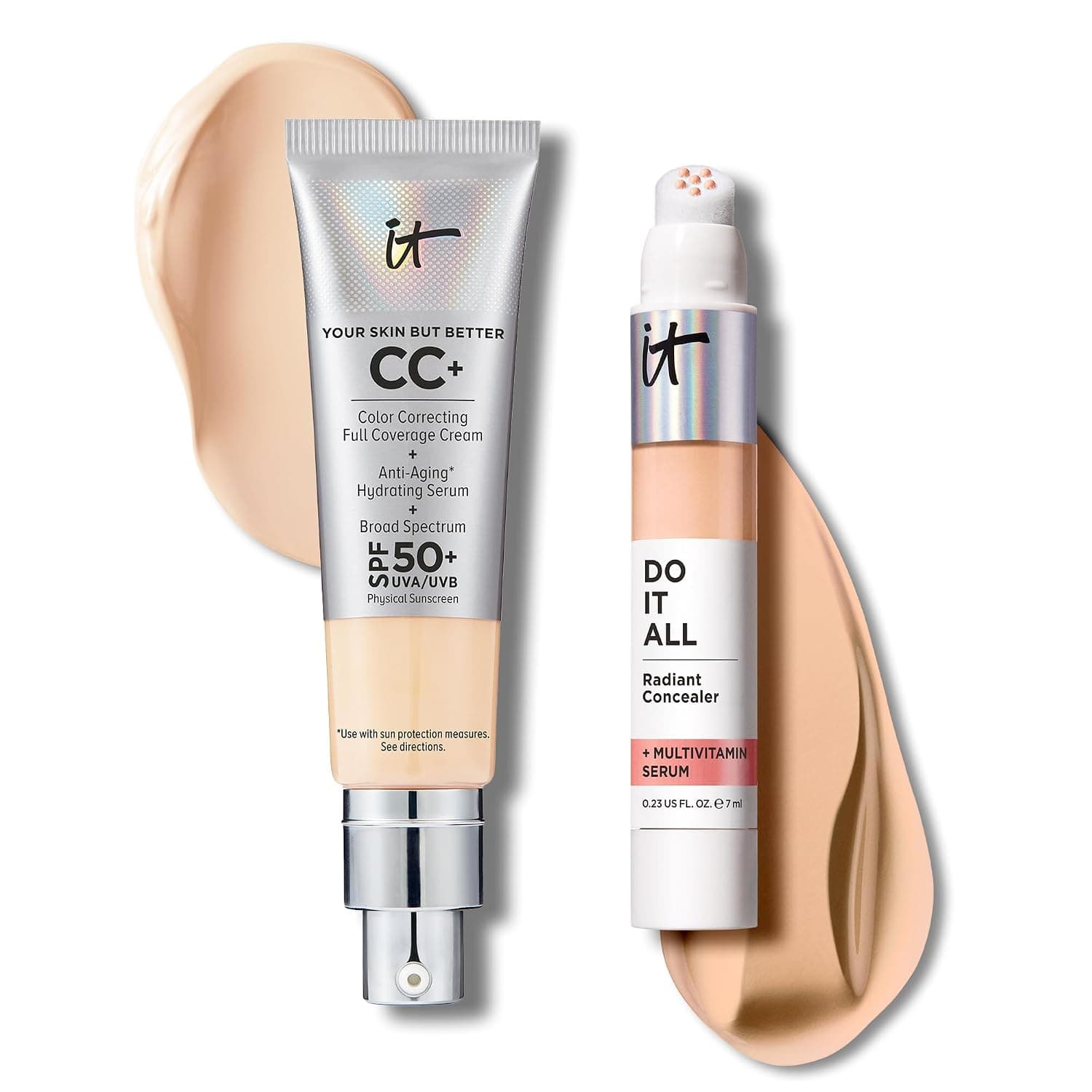 IT Cosmetics CC+ Cream with SPF 50+ Natural Finish Full Coverage Foundation (Light - 1.08 fl oz) & Do It All Radiant Concealer Multivitamin Serum Makeup (215 Light Warm - 0.2 fl oz)