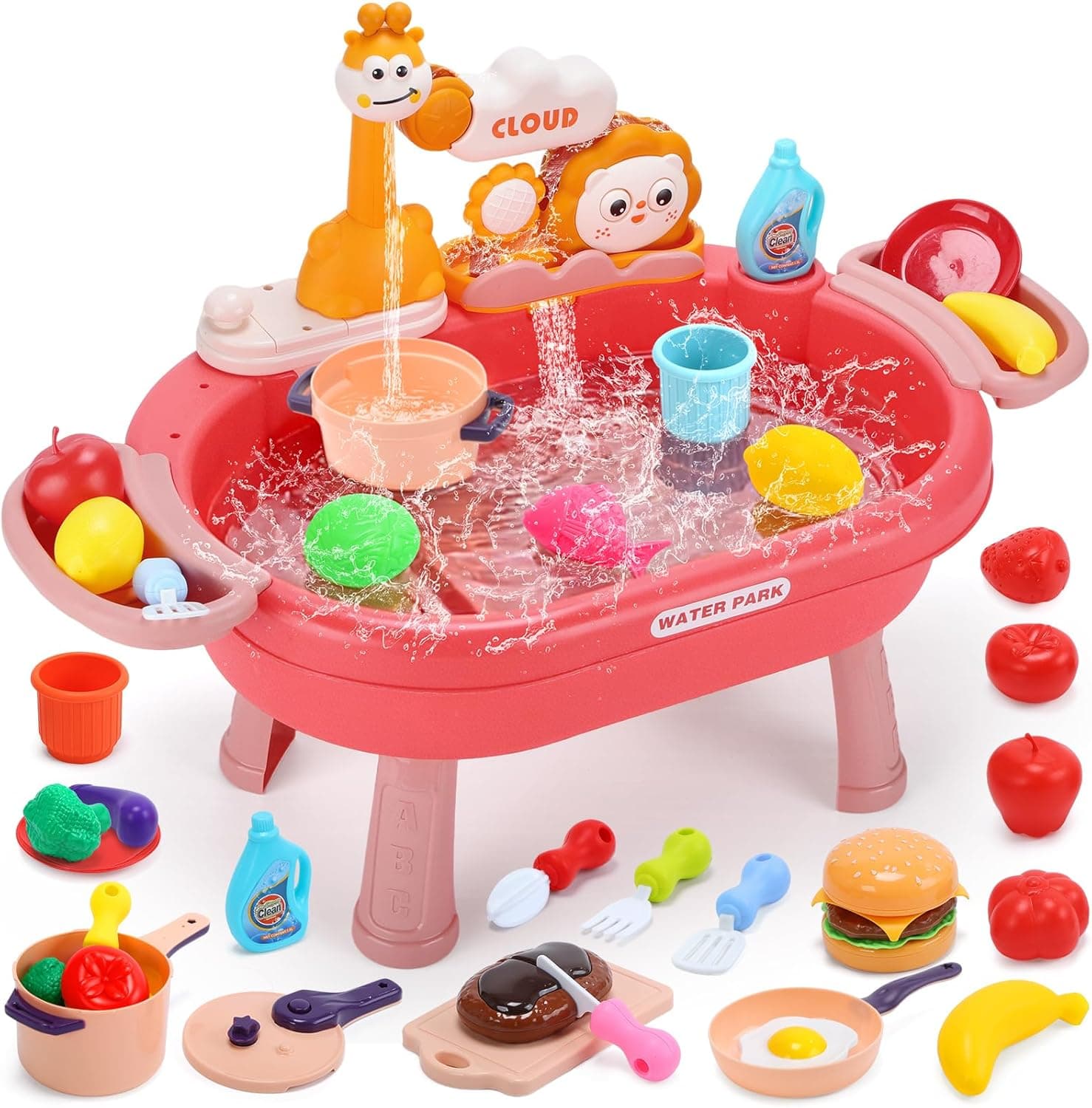 HOLYFUN Play Kitchen Sink with Running Water, Water Table Toy, Sink Toy with Functional Faucet, Play Food, Pots & Pans Kitchen Accessories, Realistic Pretend Play Gift Set for Toddlers and Kids (Pink)