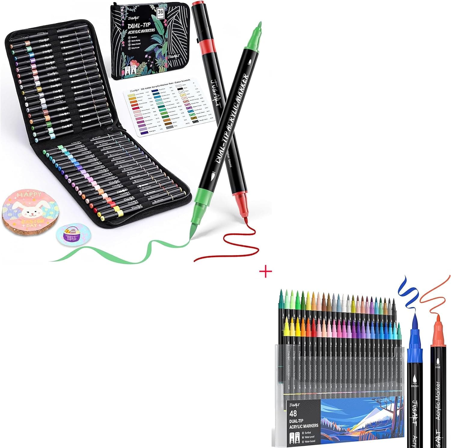 JusArt 36 Colors Acrylic Paint Markers + 48 Colors Dual Tip Acrylic Paint Pens Markers
