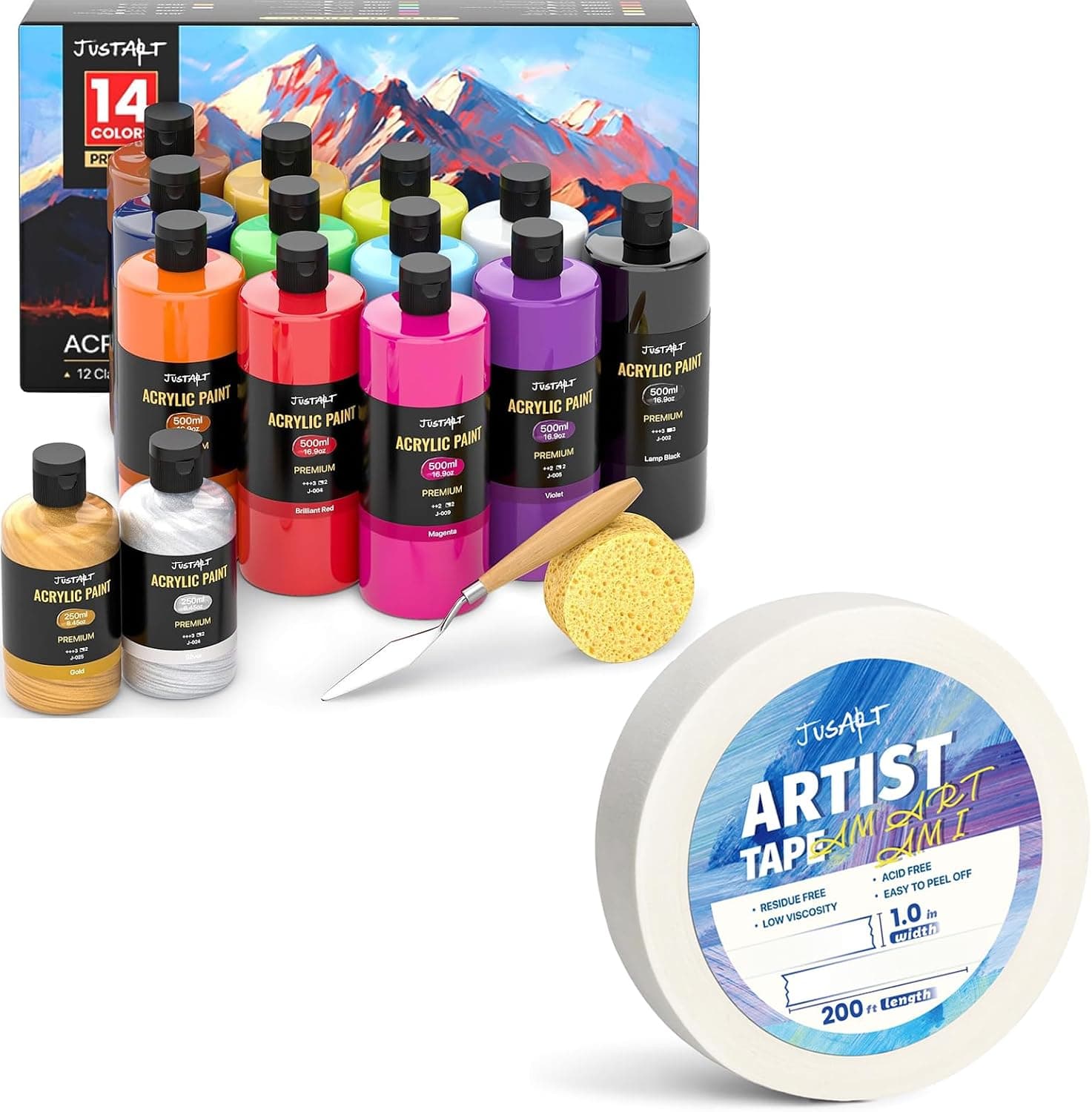 JusArt 14 Colors Acrylic Paint Set+ 1 Inch Wide Artist Tape
