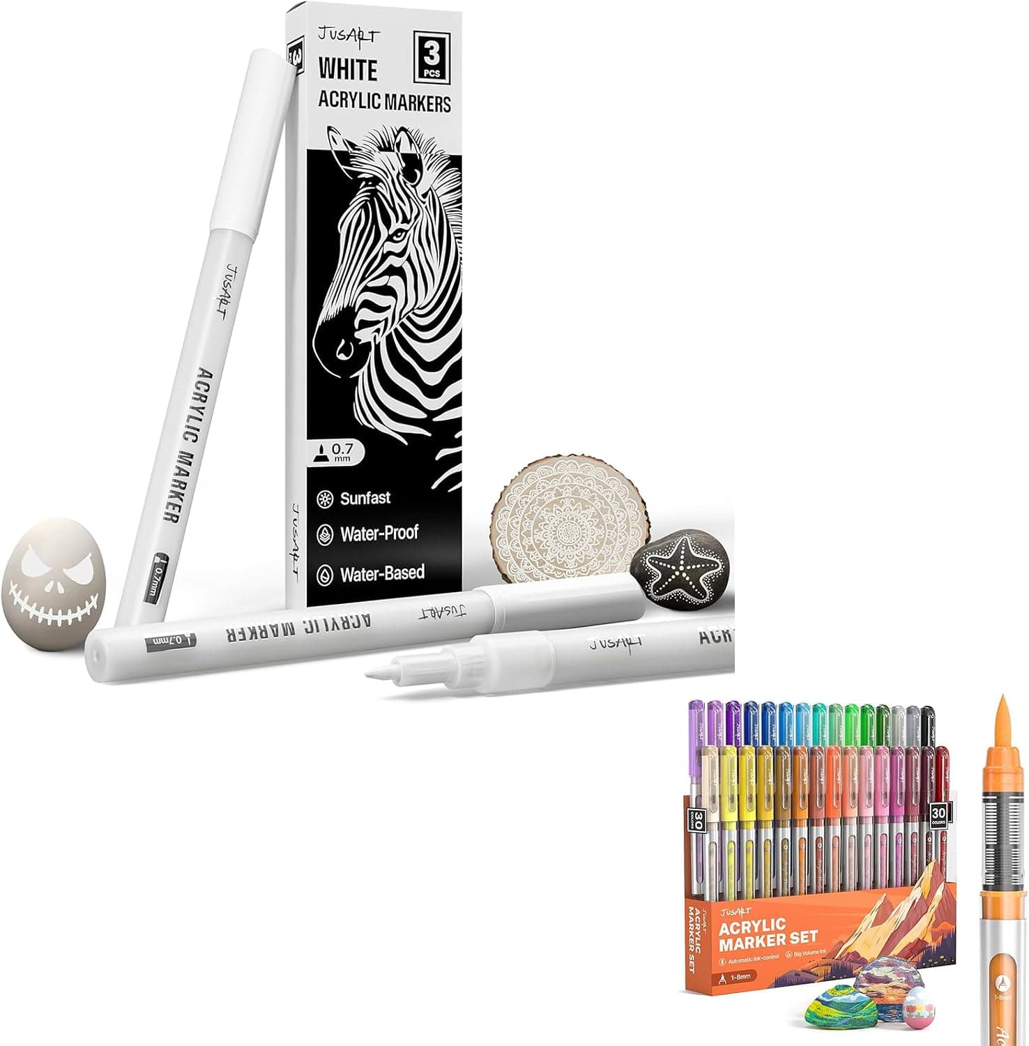 JusArt 3 Pack White Permanent Markers Acrylic Paint Markers Brush Tip 30 Colors