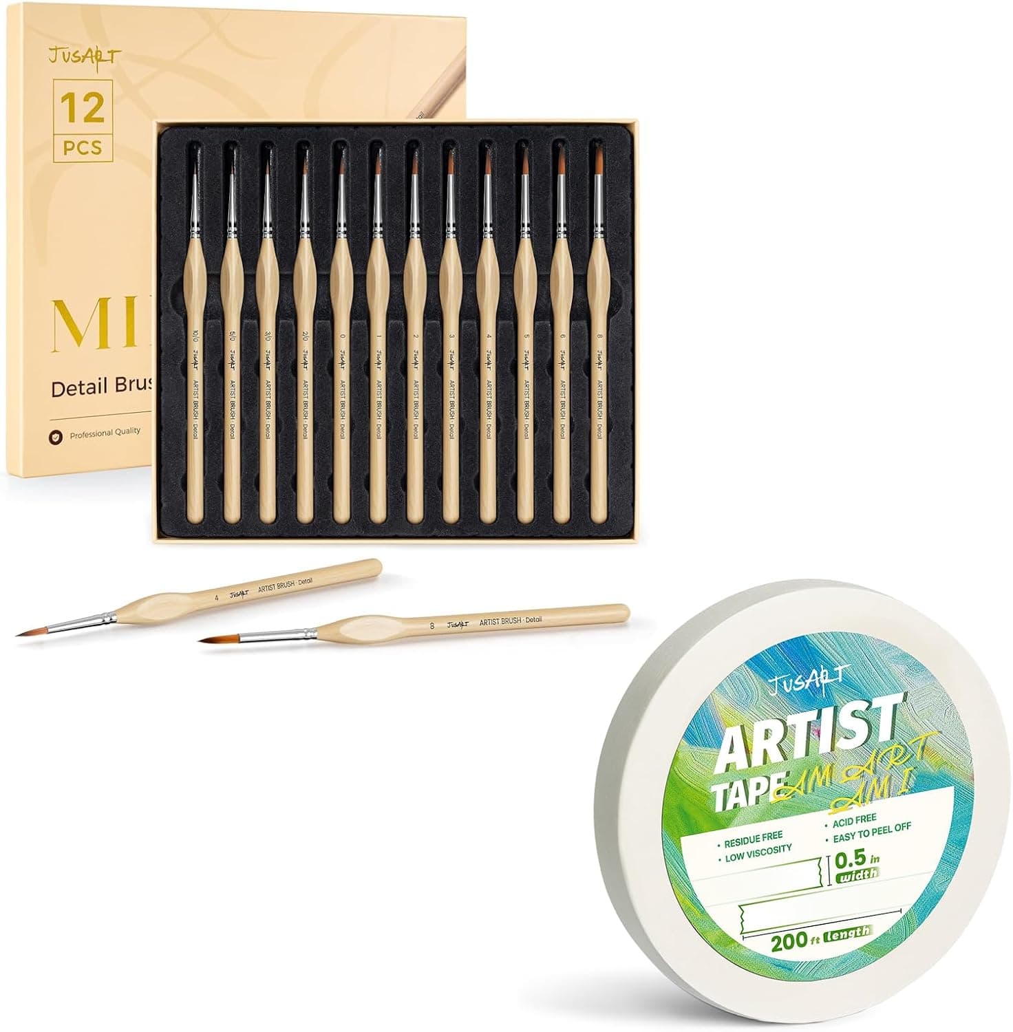 JUSART 12 PCS Fine Tip Detail Paint Brushes Set + JusArt 1/2 inch Wide 200FT Long Artist Tape
