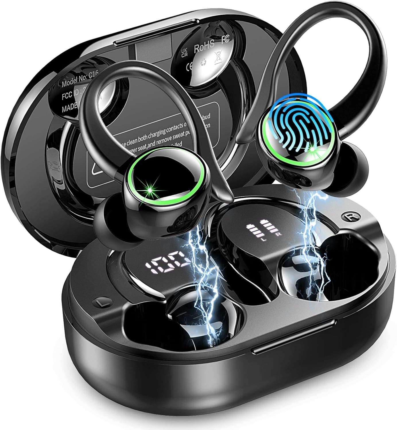 Matast 2026 Wireless Earbuds, 50 Playback Over-Ear Buds with ENC Noise Cancelling Mics, IP7 Headset with Earhook, LED Display, Deep Bass Fitness Earphones, Bluetooth 5.4 Headphones Sports,
