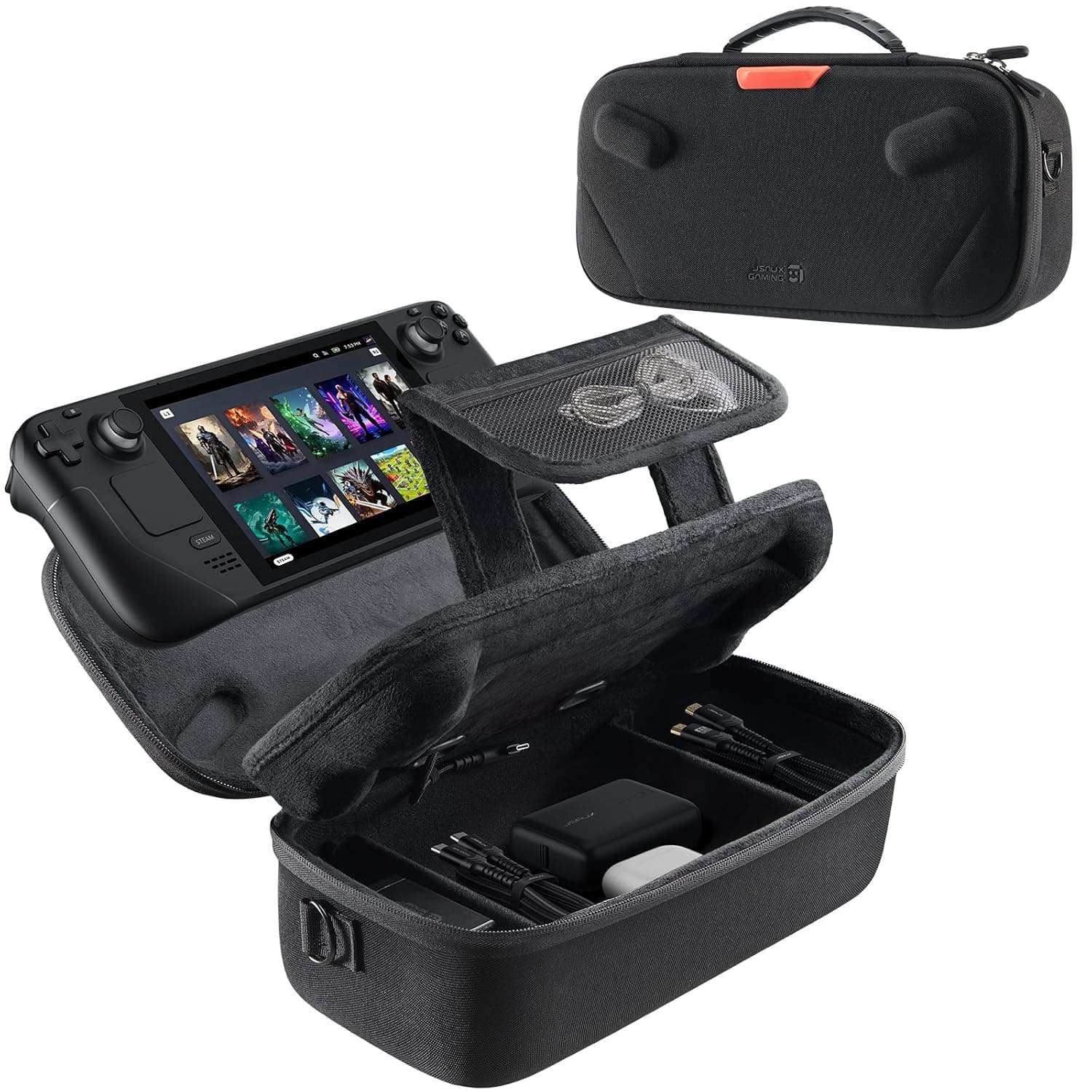 JSAUX Carrying Case for Steam Deck and Steam Deck OLED, Portable Dual Layer Travel Case with Built In Cable Port, USB C Cable Included, Hard Shell Protection, Fits Charger and Accessories