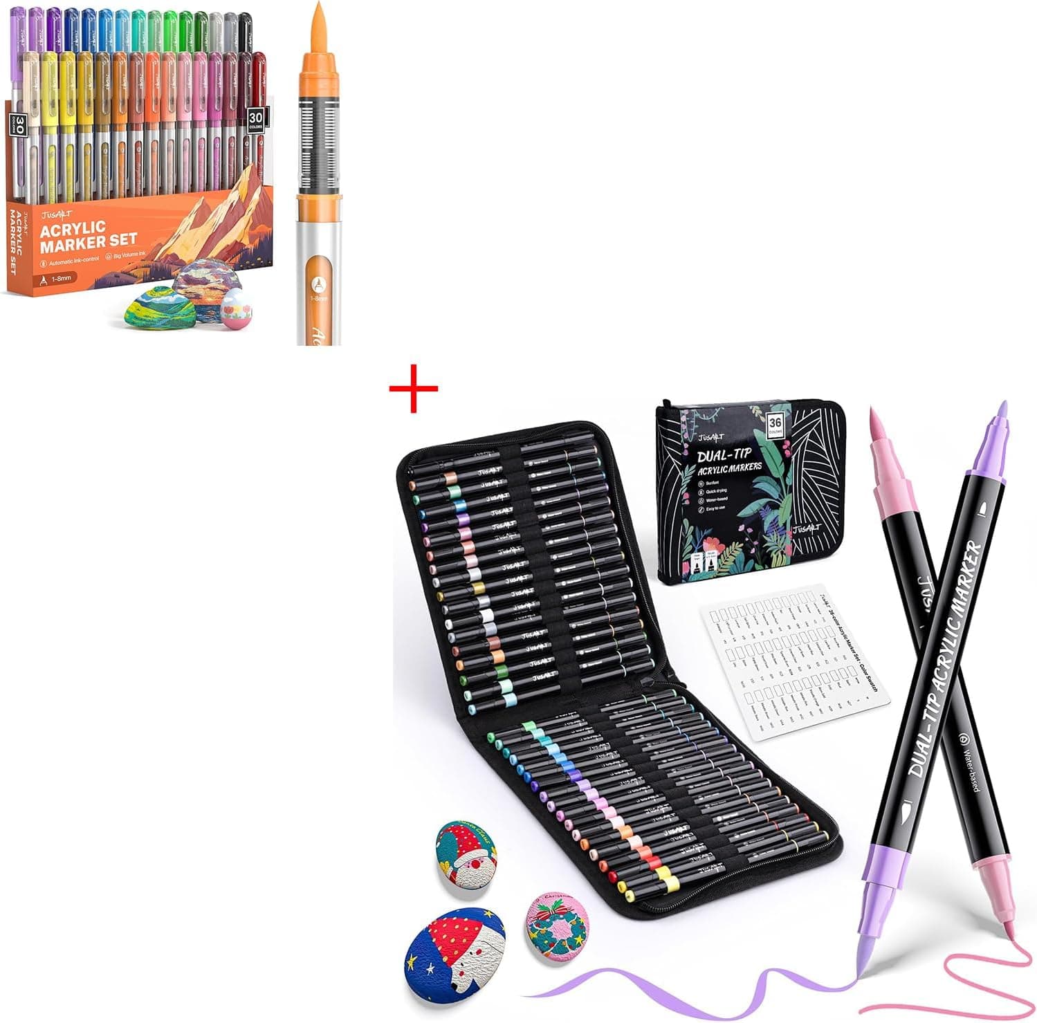 JusArt 36 Colors Acrylic Paint Markers, Dual Tip with Brush Tip and Fine Tip Paint Pens 30 Colors Acrylic Paint Markers Brush Tip