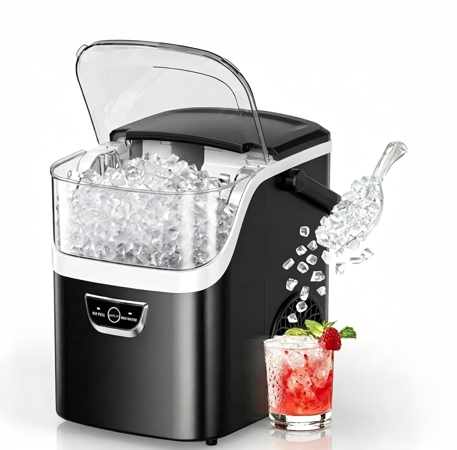 Electactic Nugget Ice Maker Countertop with Handle, Ready in 5 Mins, 34Lbs/24H Ice Machine, Auto-Cleaning Portable Pebble Ice Maker, Removable Top Cover, Basket & Scoop for Home Kitchen RV, Deep Black