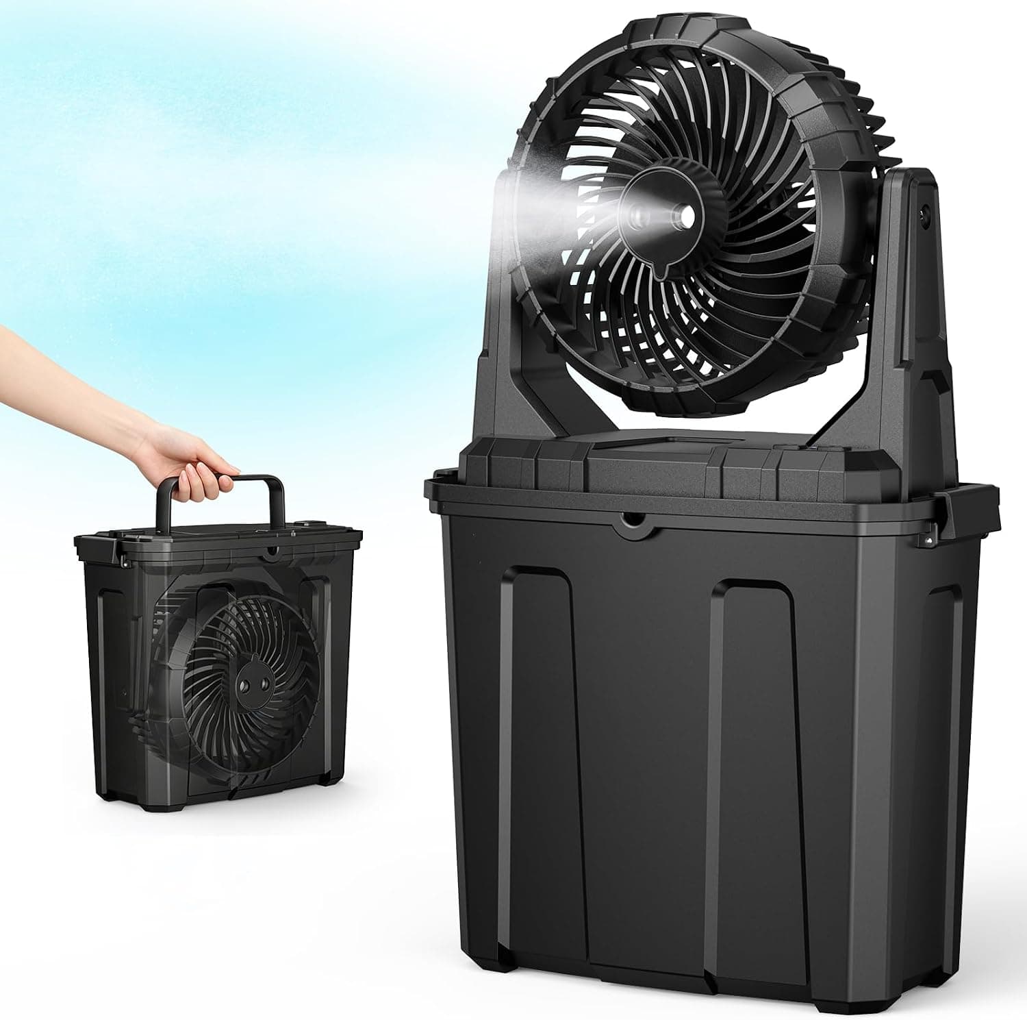 Ausic 1.35 Gal Portable Misting Fan, 12000mAh Outdoor Fans for Patios, [Max 30H] Rechargeable Battery Operated Fan, Bucket Mister Water Cooling Fan for Camping/Travel/Beach, 2 Large Spray Outlets