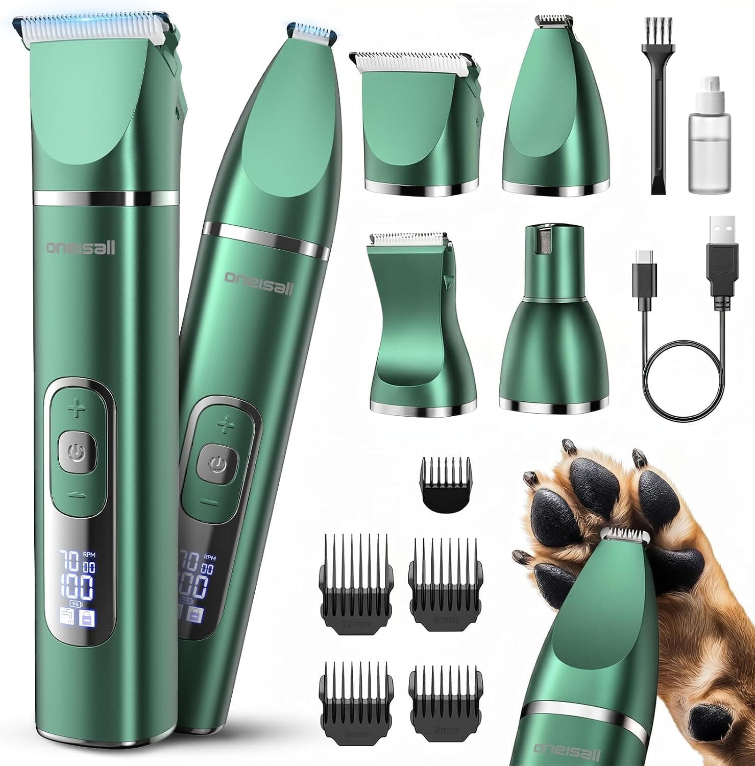 oneisall 4 in 1 Dog Grooming Kit with LCD Display, Dog Hair Trimmer for Paw Nail Grinder, Rechargeable Cordless Low Noise IPX7 Waterproof Pet Clippers Green