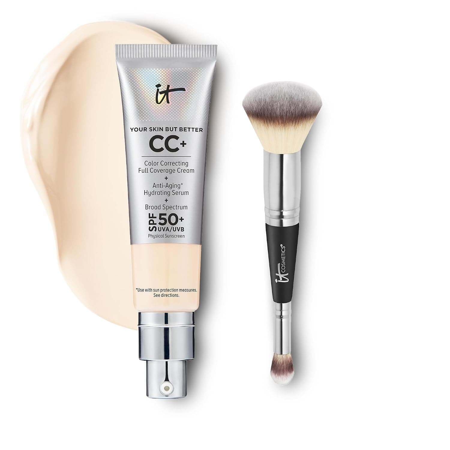 IT Cosmetics CC+ Cream with SPF 50+ Natural Finish Full Coverage Foundation (Fair - 1.08 fl oz) & 2-in-1 Concealer and Foundation Brush #7 for Buffing and Blending Face Makeup