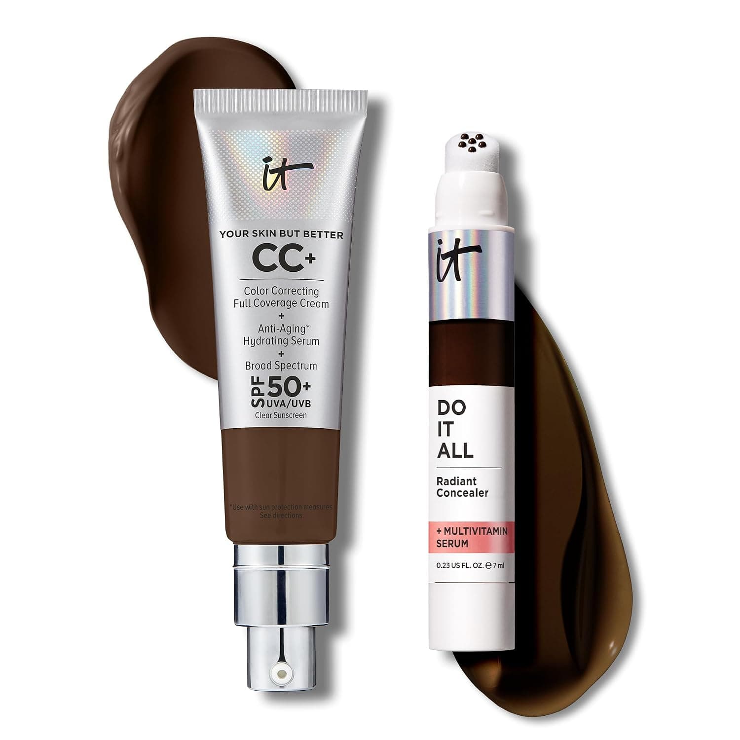 IT Cosmetics CC+ Cream with SPF 50+ Natural Finish Full Coverage Foundation (Deep Cool - 1.08 fl oz) & Do It All Radiant Concealer Multivitamin Serum Makeup (625 Deepest Cool - 0.2 fl oz)