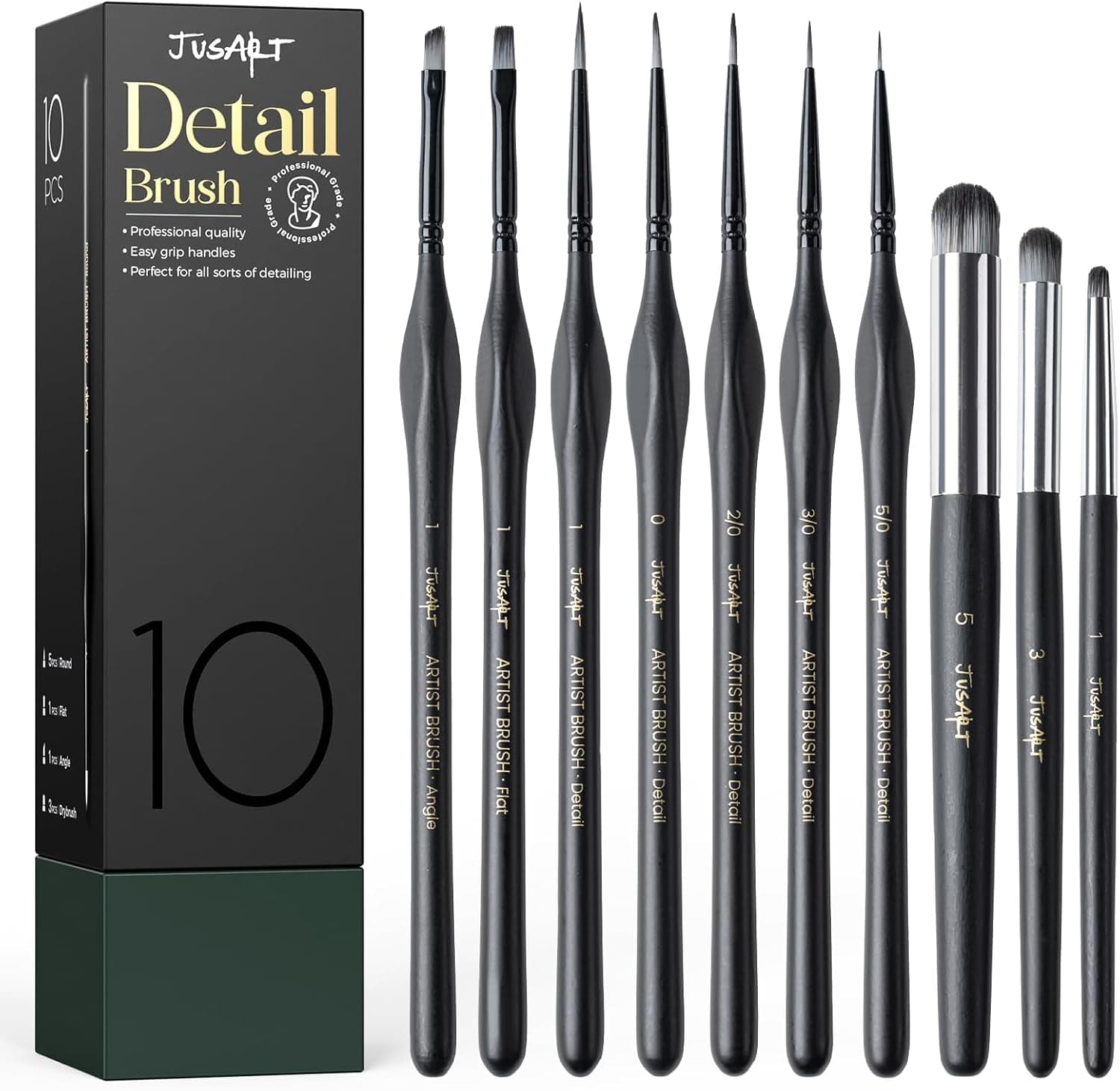 JusArt 10-Piece Detail Paint Brush Set, Miniature Paint Brushes for Models, Acrylic Oil Watercolor, Professional Fine Detail Brushes for Adults & Miniature Painters