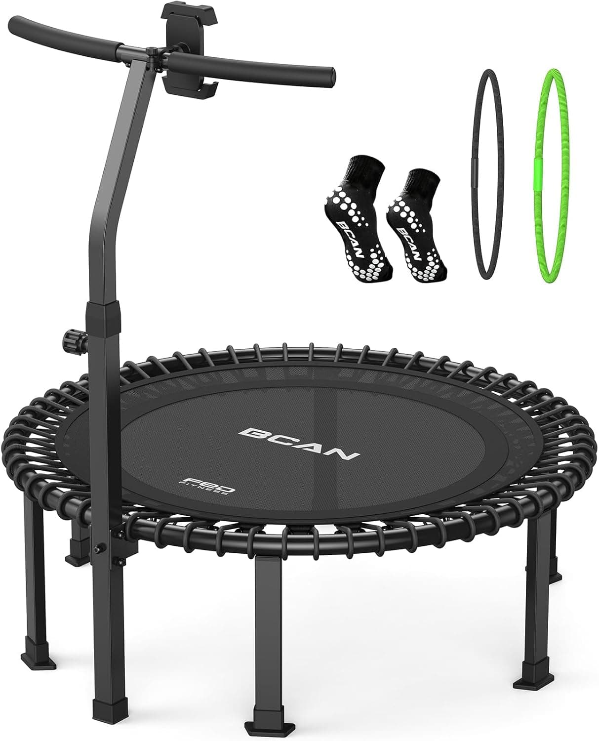 BCAN BT4 38/40/48" Soft Land Pro Adult Bungee Rebounder Trampoline, 500lb Capacity, Adjustable Tension Bungees, One-Piece Frame, Quiet Indoor Cardio w/Handle,Phone Holder & 2 Pairs Socks| FED Fitness