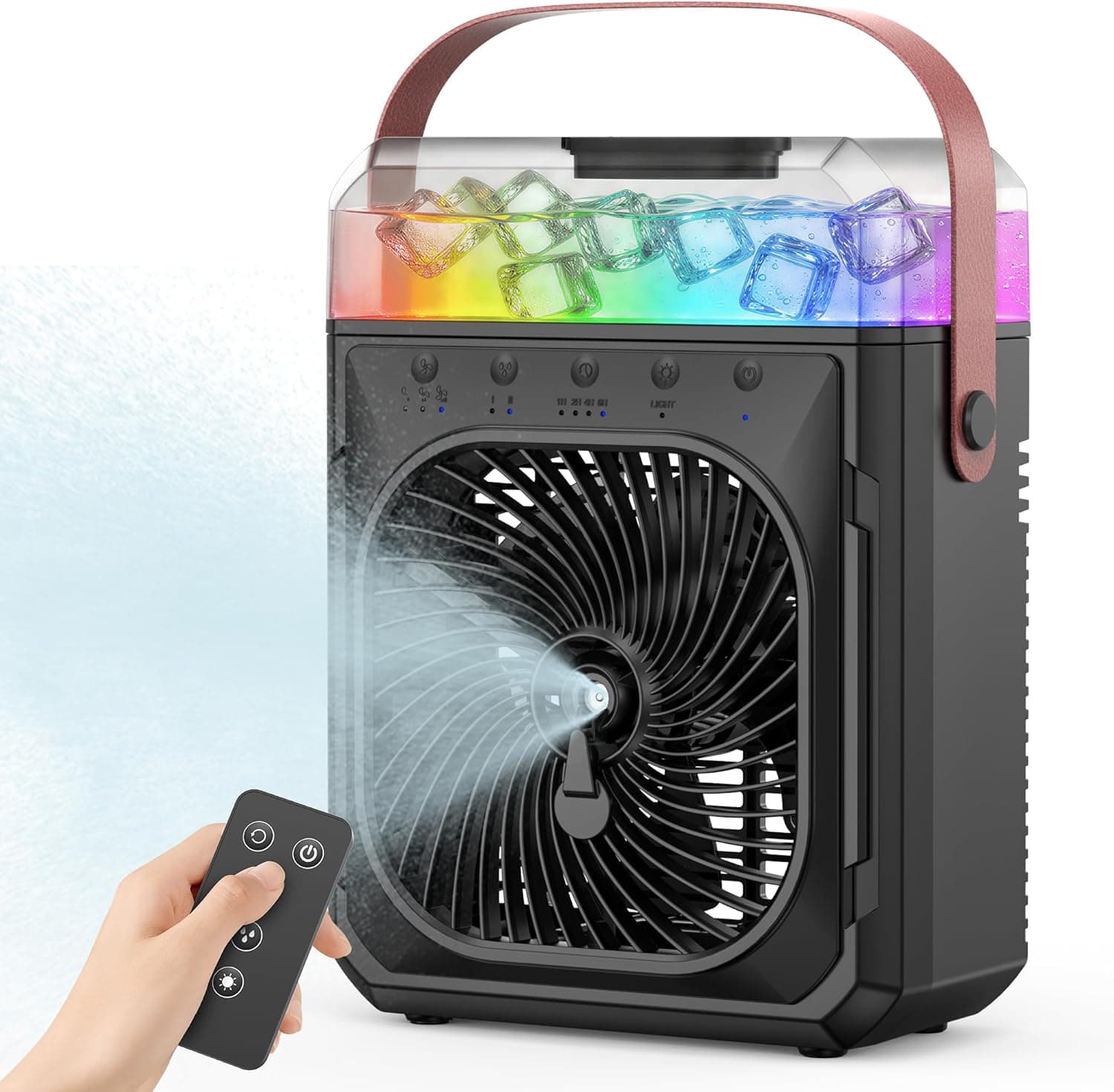 Rechargeable Misting Fan Portable【Max 40H Runtime】,Desk Cooling Air Conditioner Fan 5℉ Drop,Water Spray Mister Fan & 2 Spray Modes, Battery Powered Operated Bedroom Fan & Lights, Remote Control, Black