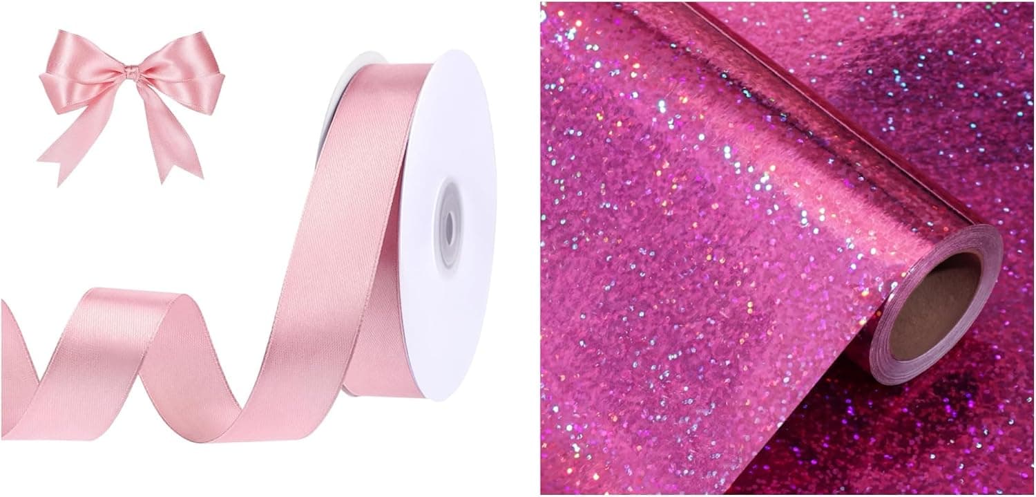 woric 1 Inch 50 Yards Pink Ribbon with 17 Inch x 33 Feet Metallic Holographic Pink Wrapping Paper Roll for Wedding Mother's Day Bridal Shower Baby Shower