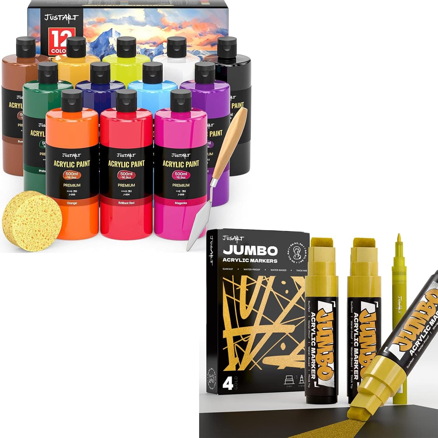 JusArt 12 Colors Beginner Acrylic Paint Set + 4 Pcs Gold Jumbo Poster Marker Set, 15mm Wide Tip and 0.7mm Fine Tip