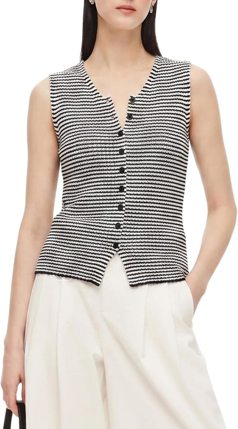 GOELIA Women's Cotton Blend Black White Striped Knit Vest V Neck Sleeveless Sweater Vest Top for Vacation City Trip