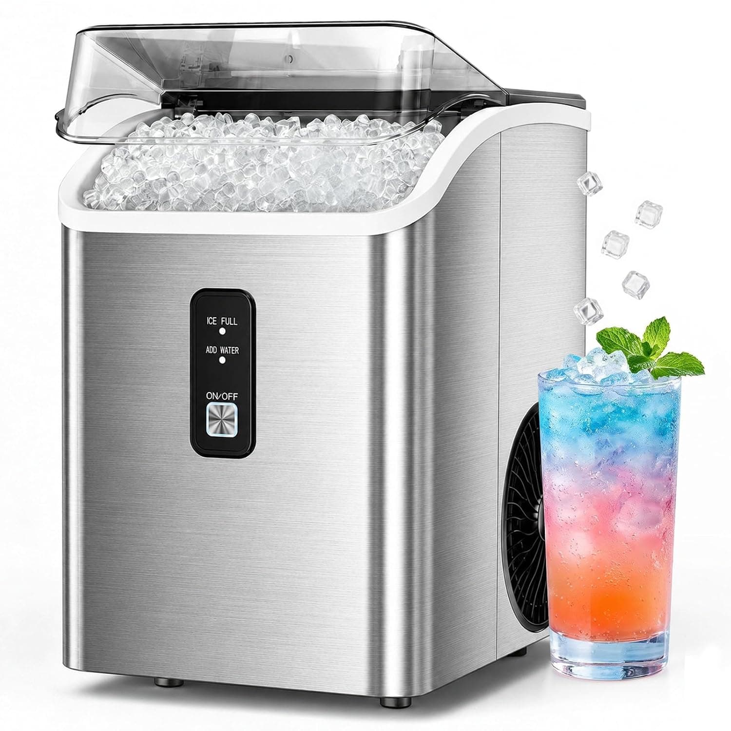 Countertop Nugget Ice Maker, Chewable Sonic Pebble Pellet Ice Machine 35Lbs/24H, Portable Self Cleaning Ice Maker with Ice Basket & Scoop, Compact Ice Machine for Home Kitchen Office RV Camping, Steel