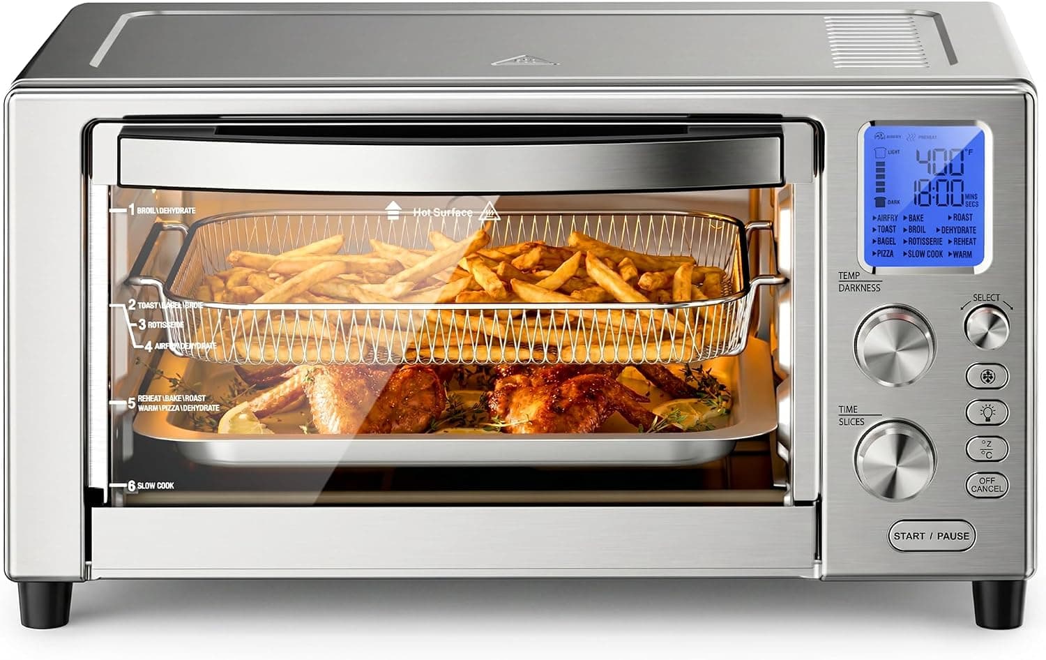 Kismile 12-in-1 Air Fryer Toaster Oven Combo, 23QT Convection Oven Countertop, 120-450℉, 360° Turbo Convection, Toast, Bake & Broil, Rotisserie for Chicken, Full Accessories, Stainless Steel