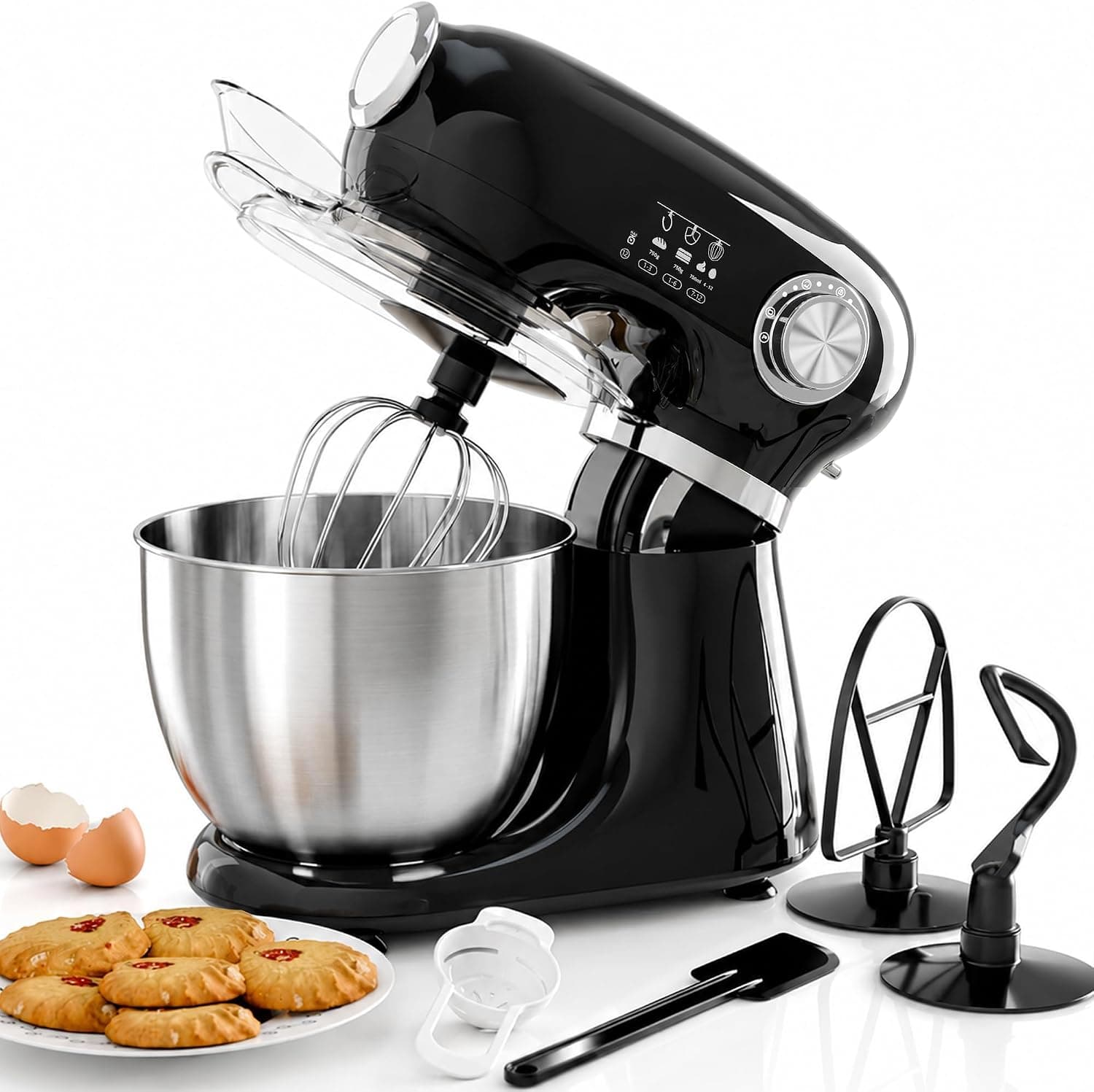 Kismile 5.5QT Tilt-Head Stand Mixer, 12-Speed Electric Mixer with 304 Stainless Steel Bowl - Includes Whisk, Dough Hook, Beater for Baking Bread, Cakes, Cookies (Black)