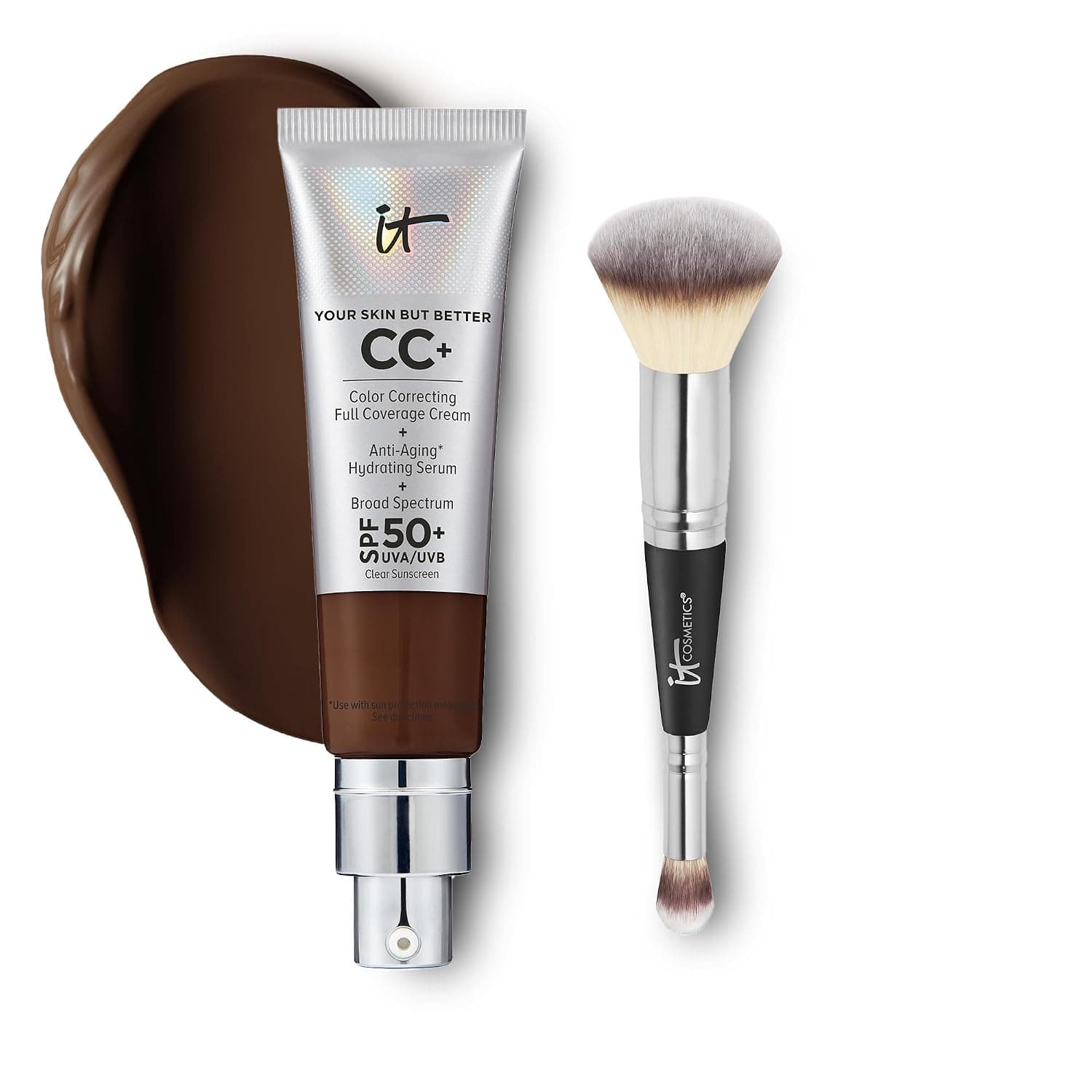IT Cosmetics CC+ Cream with SPF 50+ Natural Finish Full Coverage Foundation (Deep Mocha - 1.08 fl oz) & 2-in-1 Concealer and Foundation Brush #7 for Buffing and Blending Face Makeup