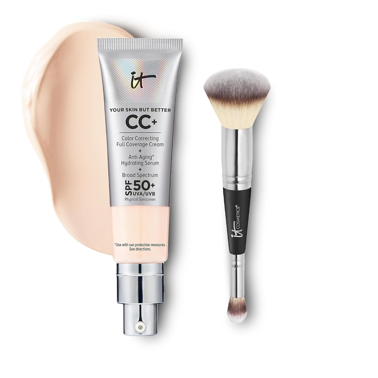 IT Cosmetics CC+ Cream with SPF 50+ Natural Finish Full Coverage Foundation (Fair Beige - 1.08 fl oz) & 2-in-1 Concealer and Foundation Brush #7 for Buffing and Blending Face Makeup