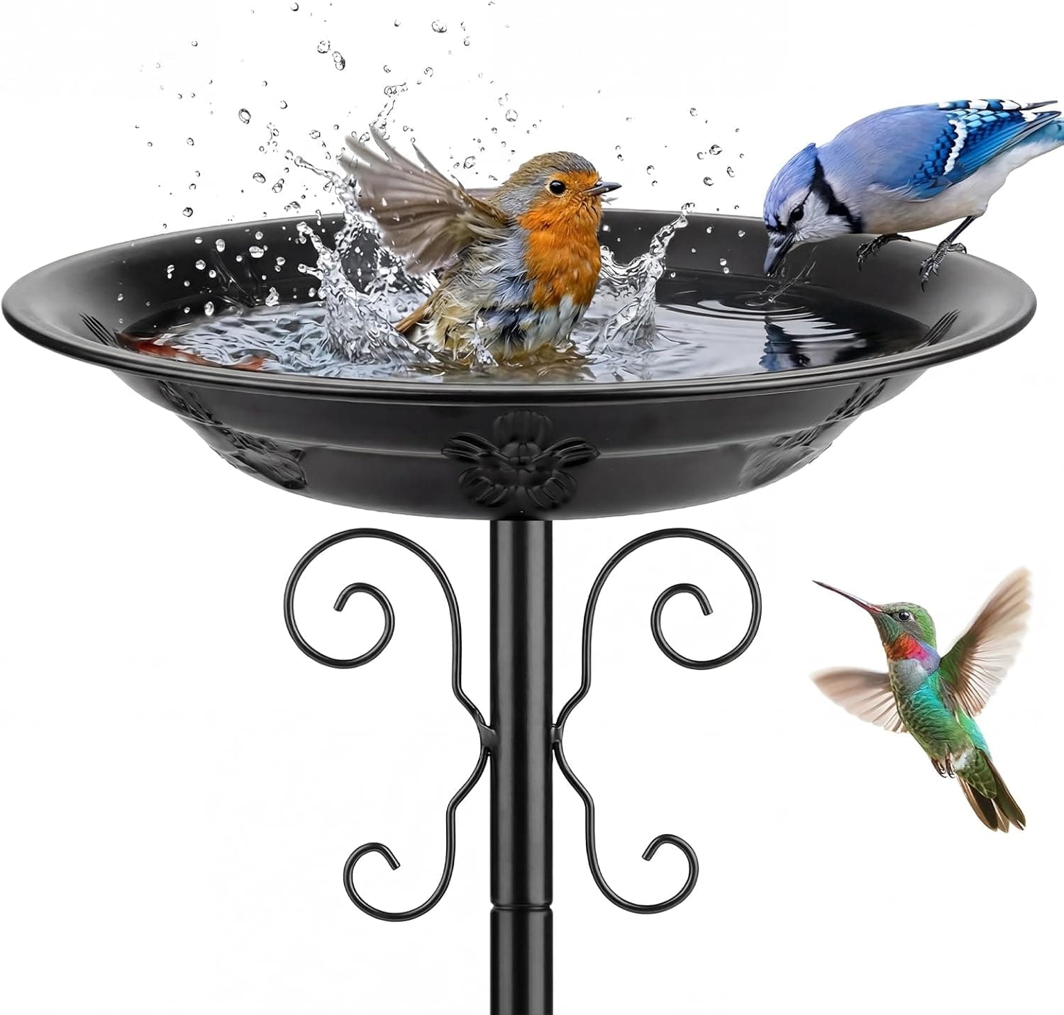 BOLITE Metal Bird Bath with 4-Prong Ground Stake, 12" Dia 3" Deep Detachable Bowl, Weather-Resistant Vintage Bird Bath for Outside, Garden Patio Yard Lawn Decor, Black, Gift for Bird Lovers