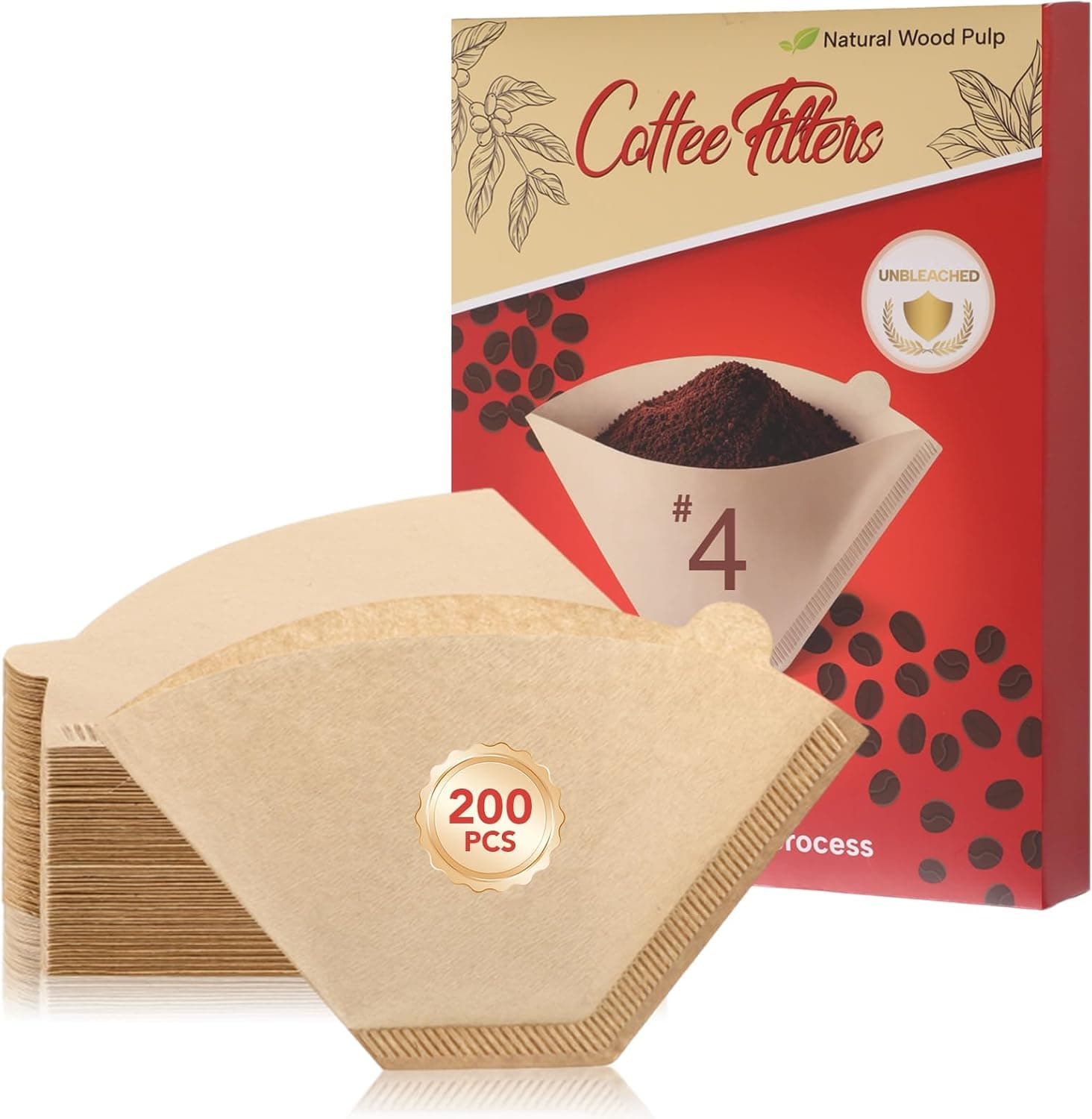 200 Count #4 Cone Coffee Filters 8-12 Cups, Disposable Unbleached Coffee Filters 4 Cone Paper, Natural #4 Coffee Filters Compatible with Ninja, Drip and Pour Over Coffee Maker(Box)