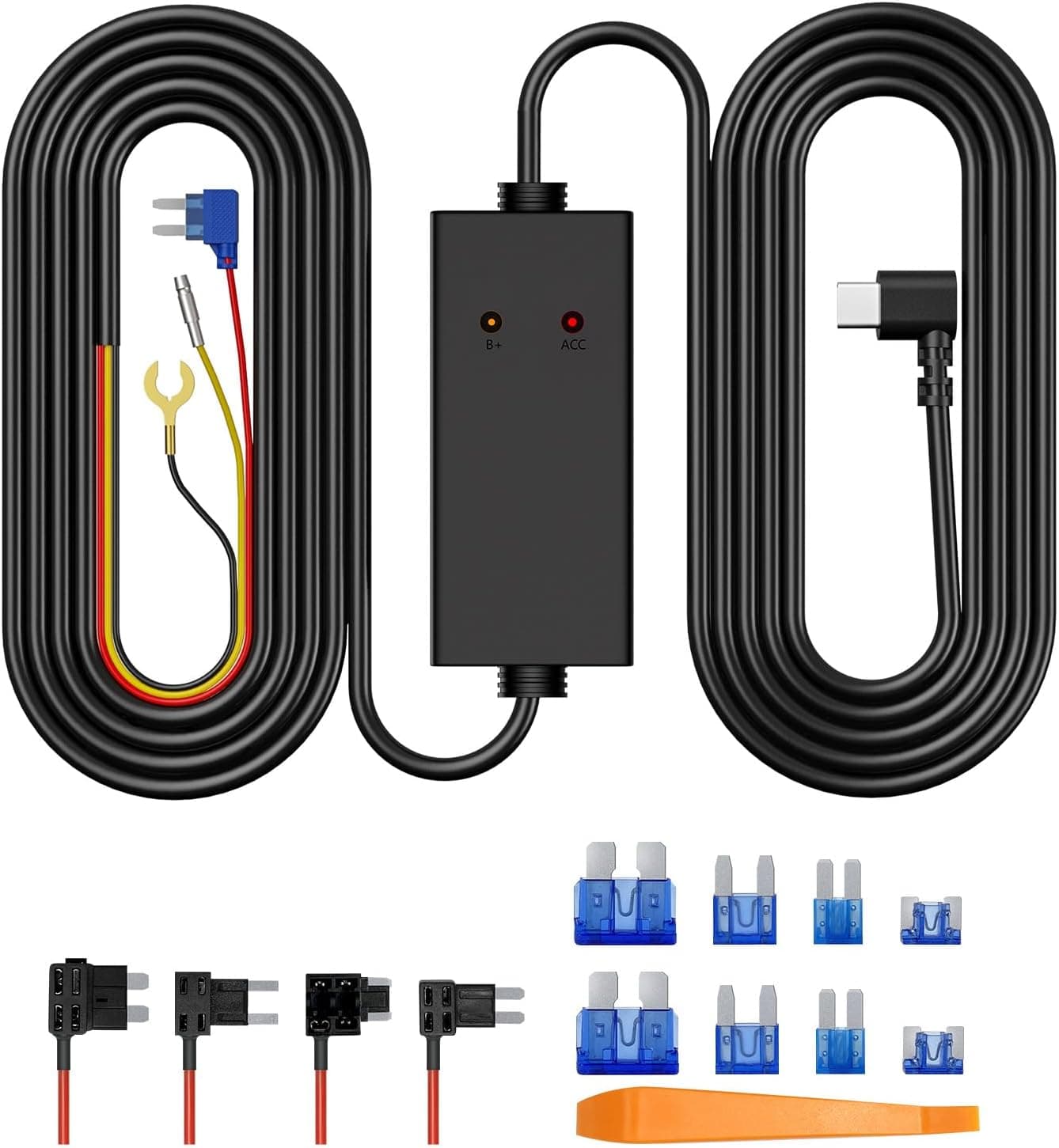 Veement 11.5ft Type-C Dash Cam Hardwire Kit (V5F), 12V-24V to5V 3A Car Dashboard Cam Charger Power Cable with 4 Fuse Taps, Low Voltage Protection for V200、V200Pro、V300、S80、VT10