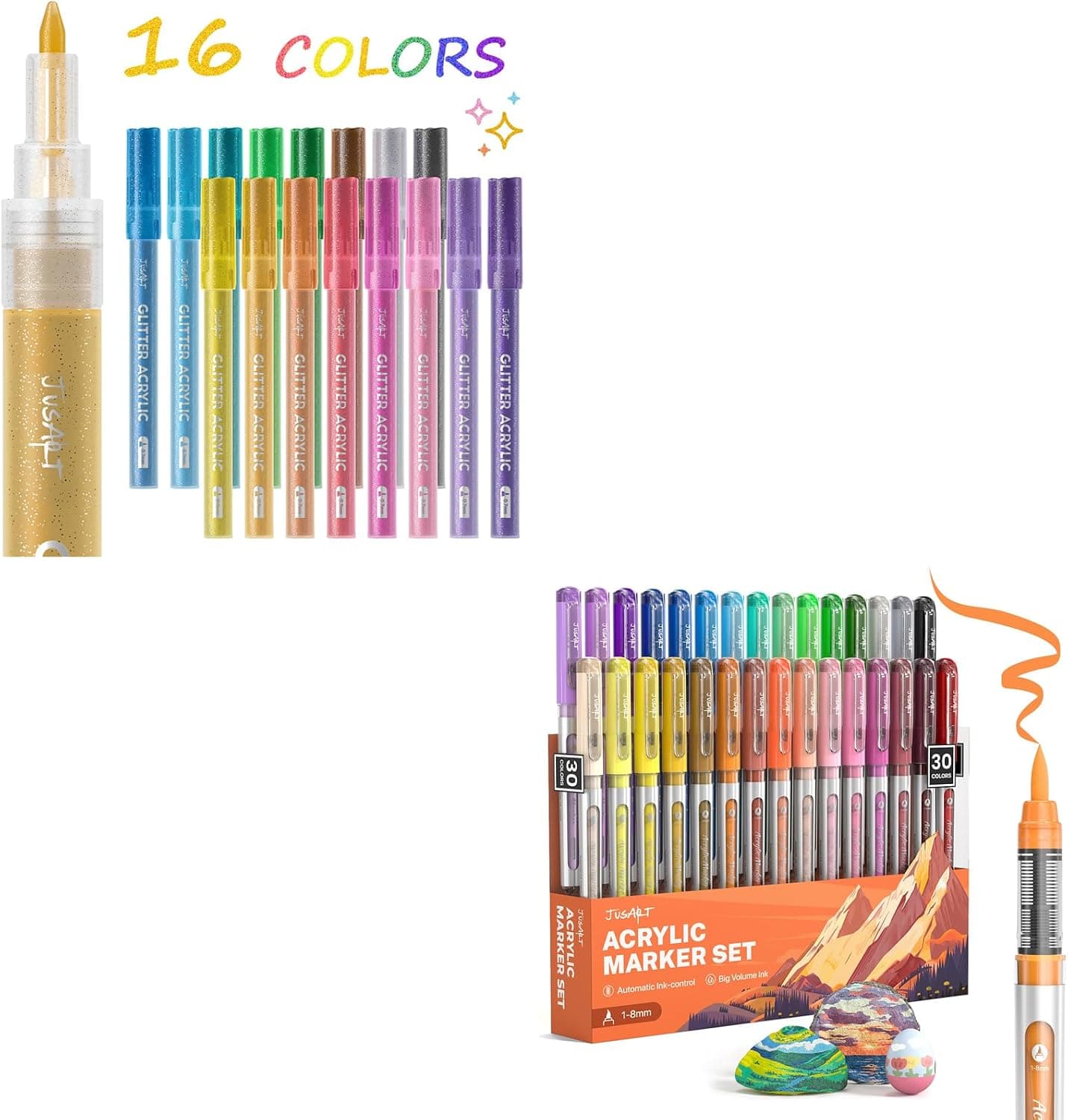 JusArt 16 Colors Acrylic Glitter Markers Pen + 30 Colors Acrylic Paint Markers Brush Tip