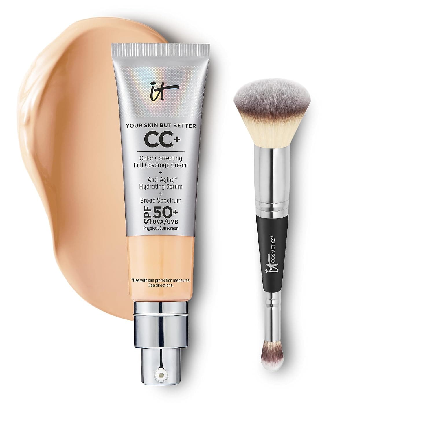 IT Cosmetics CC+ Cream with SPF 50+ Natural Finish Full Coverage Foundation (Light Medium - 1.08 fl oz) & 2-in-1 Concealer and Foundation Brush #7 for Buffing and Blending Face Makeup