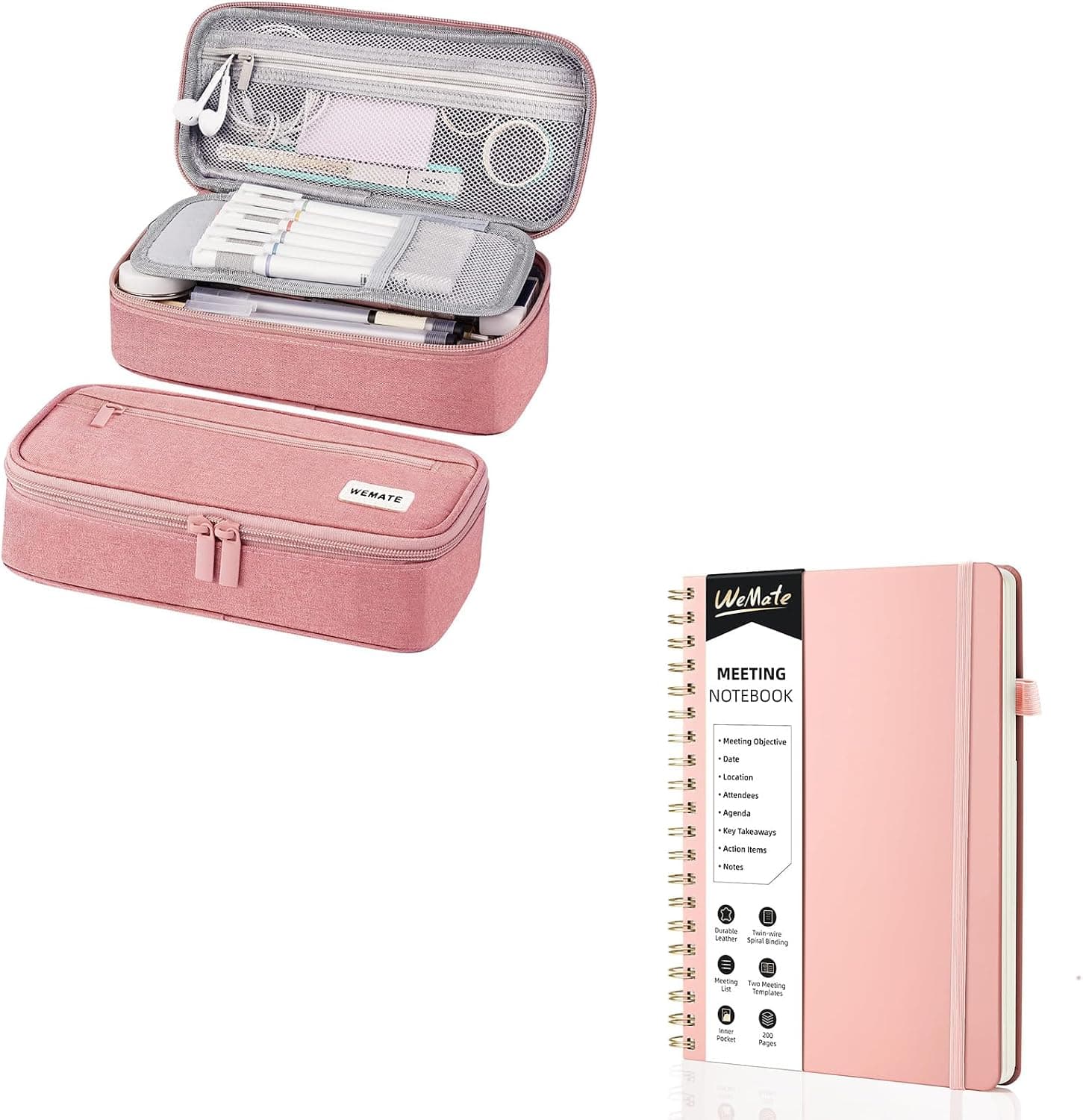 WEMATE Meeting Notebook for Work B5 (7"x10") + Pencil Case, Large Storage Organizer - Pink