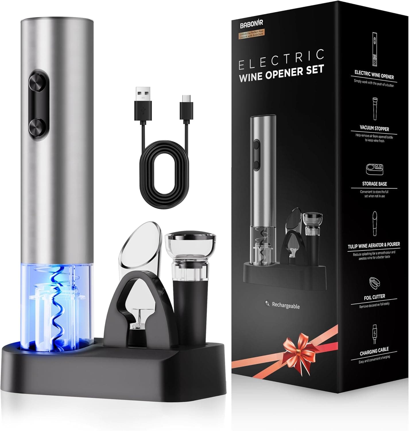 6-in-1 Electric Wine Opener Gift Set, BABONIR Stainless Steel Automatic Corkscrew with Foil Cutter, Vacuum Stopper, Aerator Pourer and Storage Base, Rechargeable Bottle Opener Gift Kit for Home Party