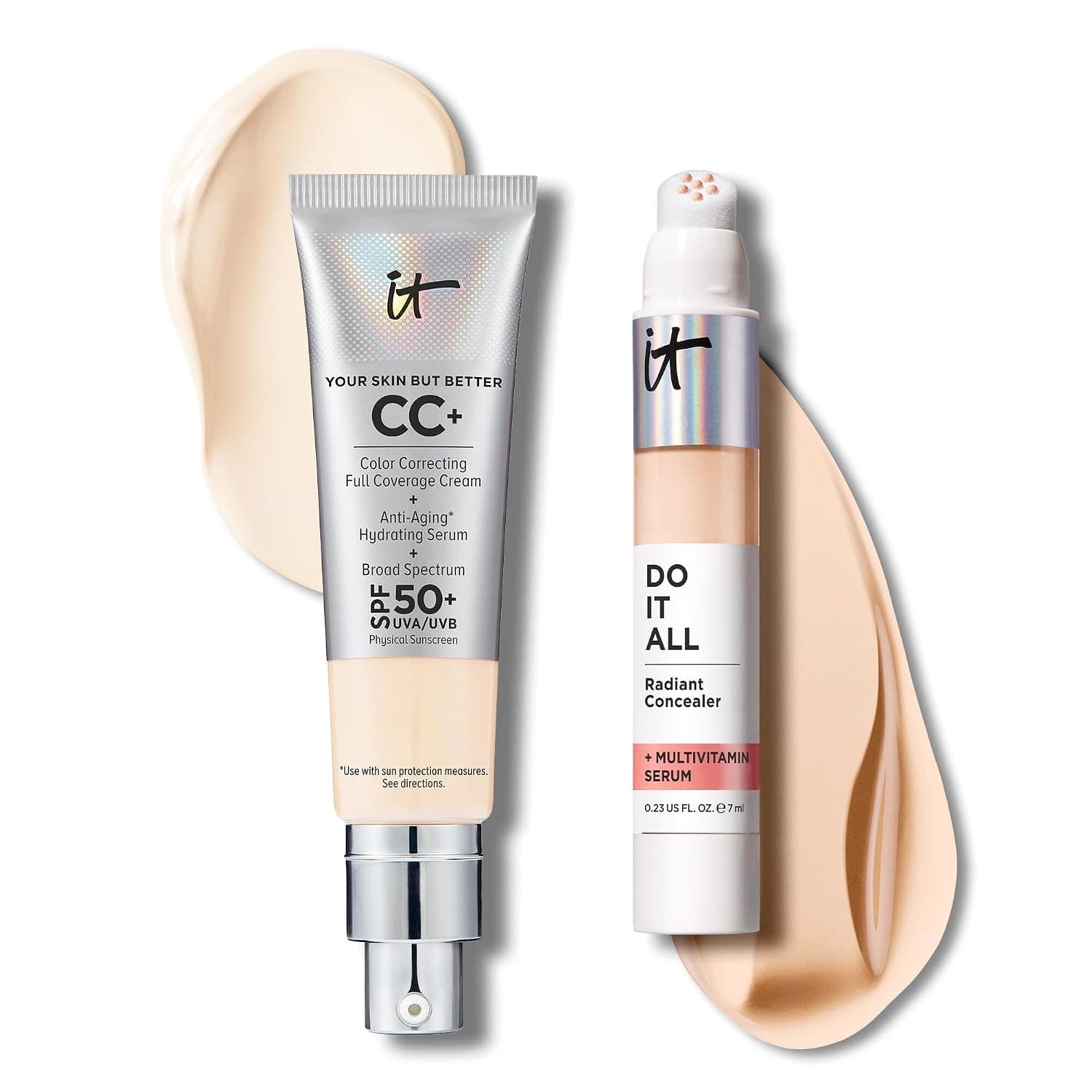 IT Cosmetics CC+ Cream with SPF 50+ Natural Finish Full Coverage Foundation (Fair - 1.08 fl oz) & Do It All Radiant Concealer Multivitamin Serum Makeup (120 Fair Warm - 0.2 fl oz)