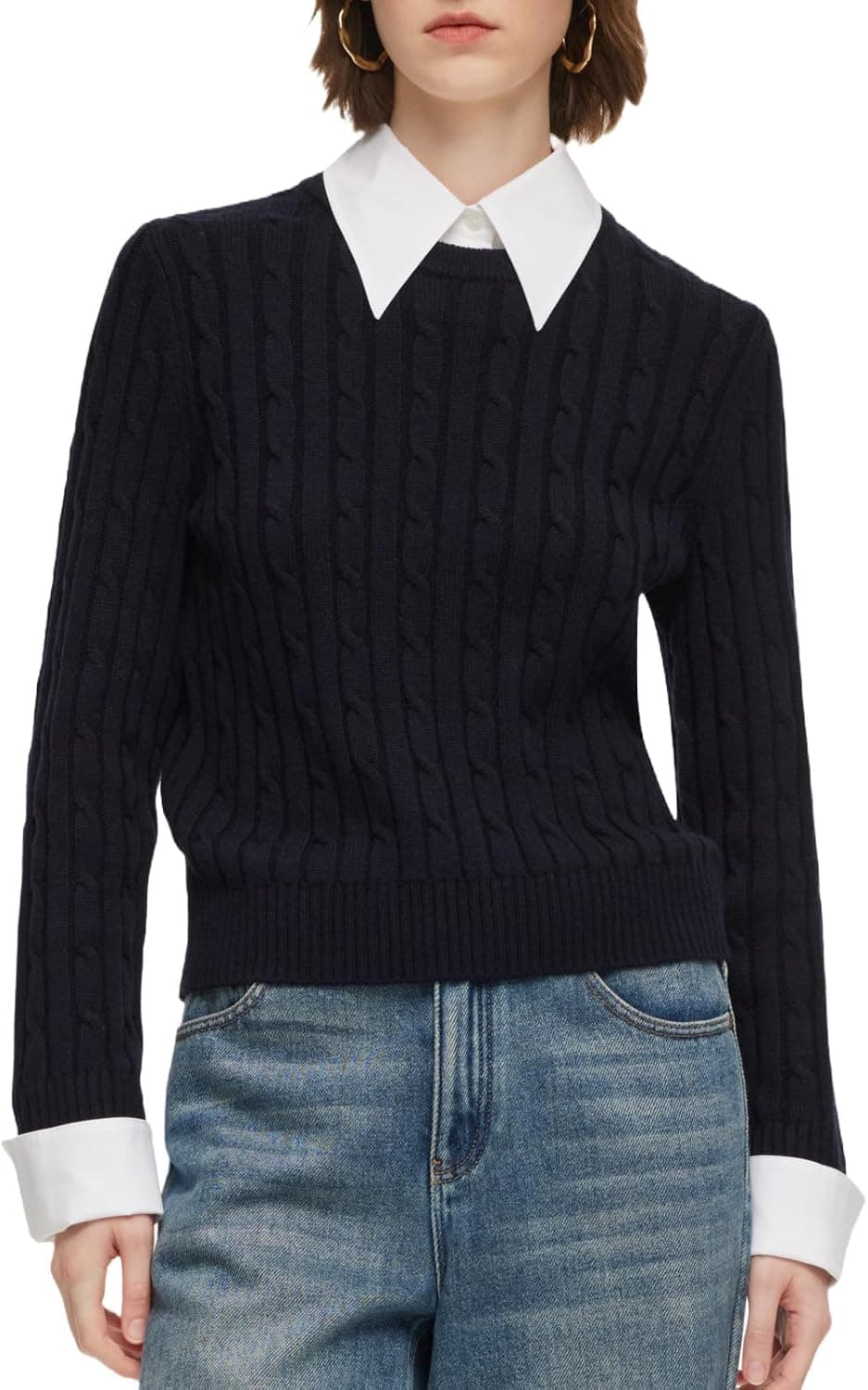 GOELIA Sweaters for Women Trendy Wool Blend Cable Knit Sweater with Detachable Collar and Cuffs Long Sleeve Pullover Jumpers