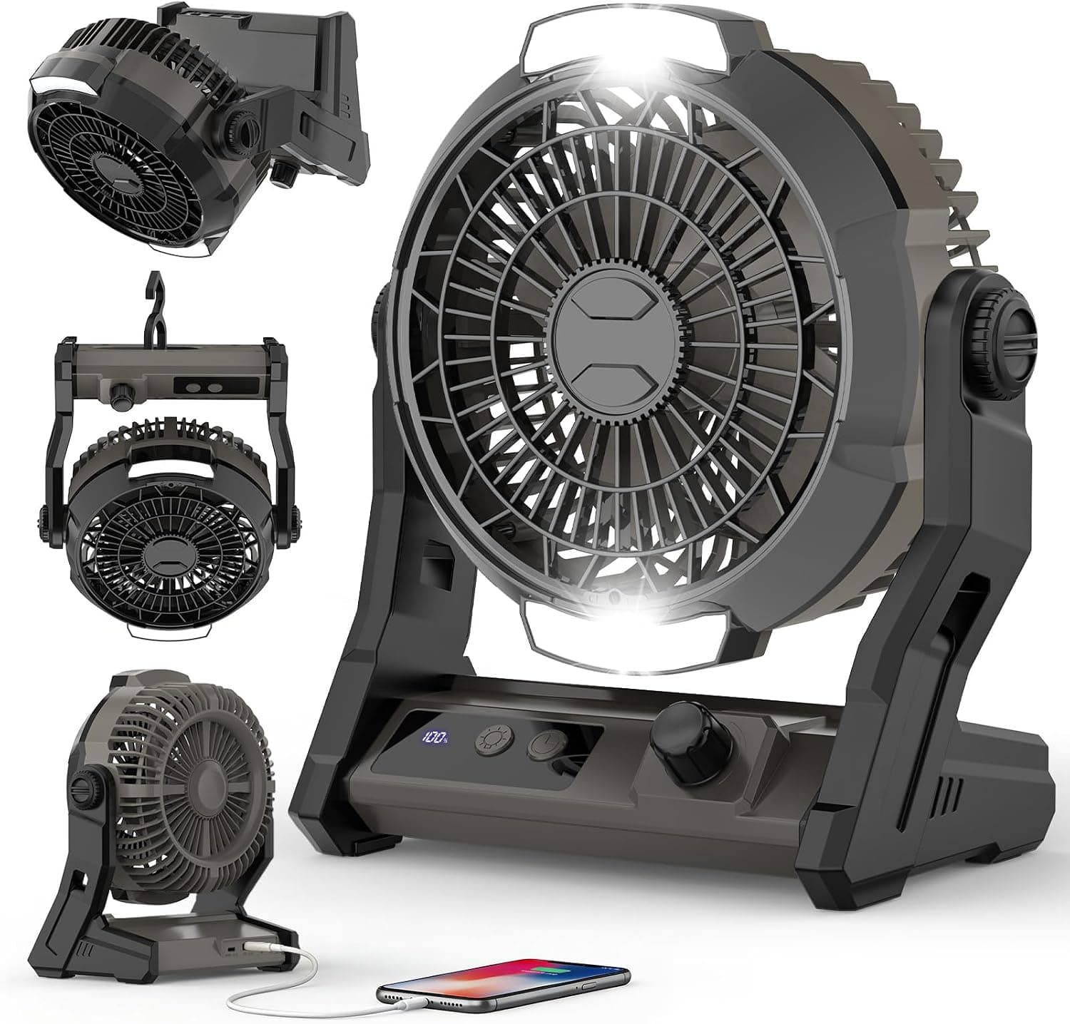 Electactic Camping Fan Rechargeable, 5-Speed Adjustable, 3-in-1 Desk & Hanging Fan, Timer & Night Light, Outdoor USB Power Bank Fan for Tent Travel Bedroom Office